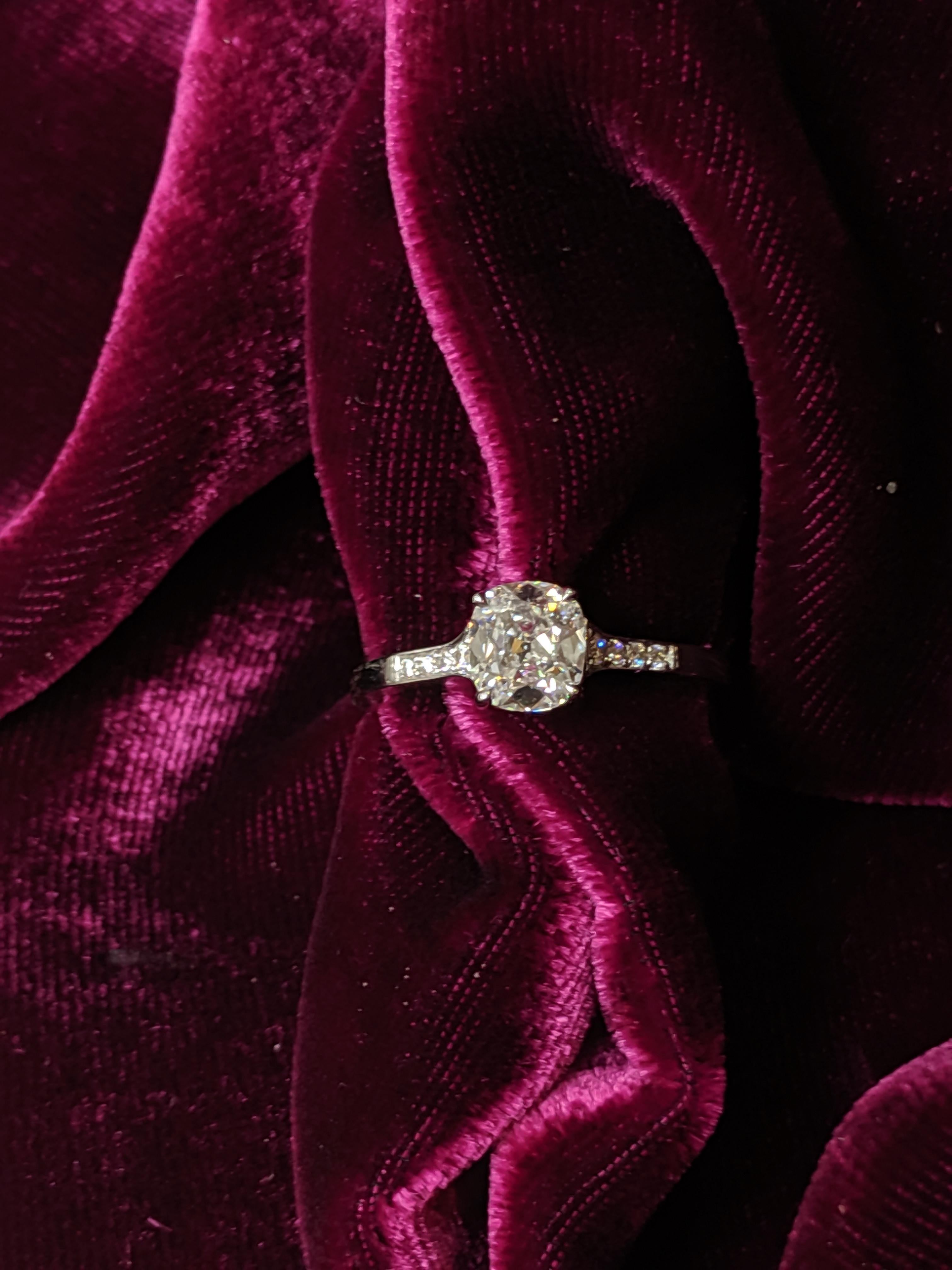 Contemporary Antique Cut Cushion Diamond Engagement Ring in 18 Karat White Gold, GIA