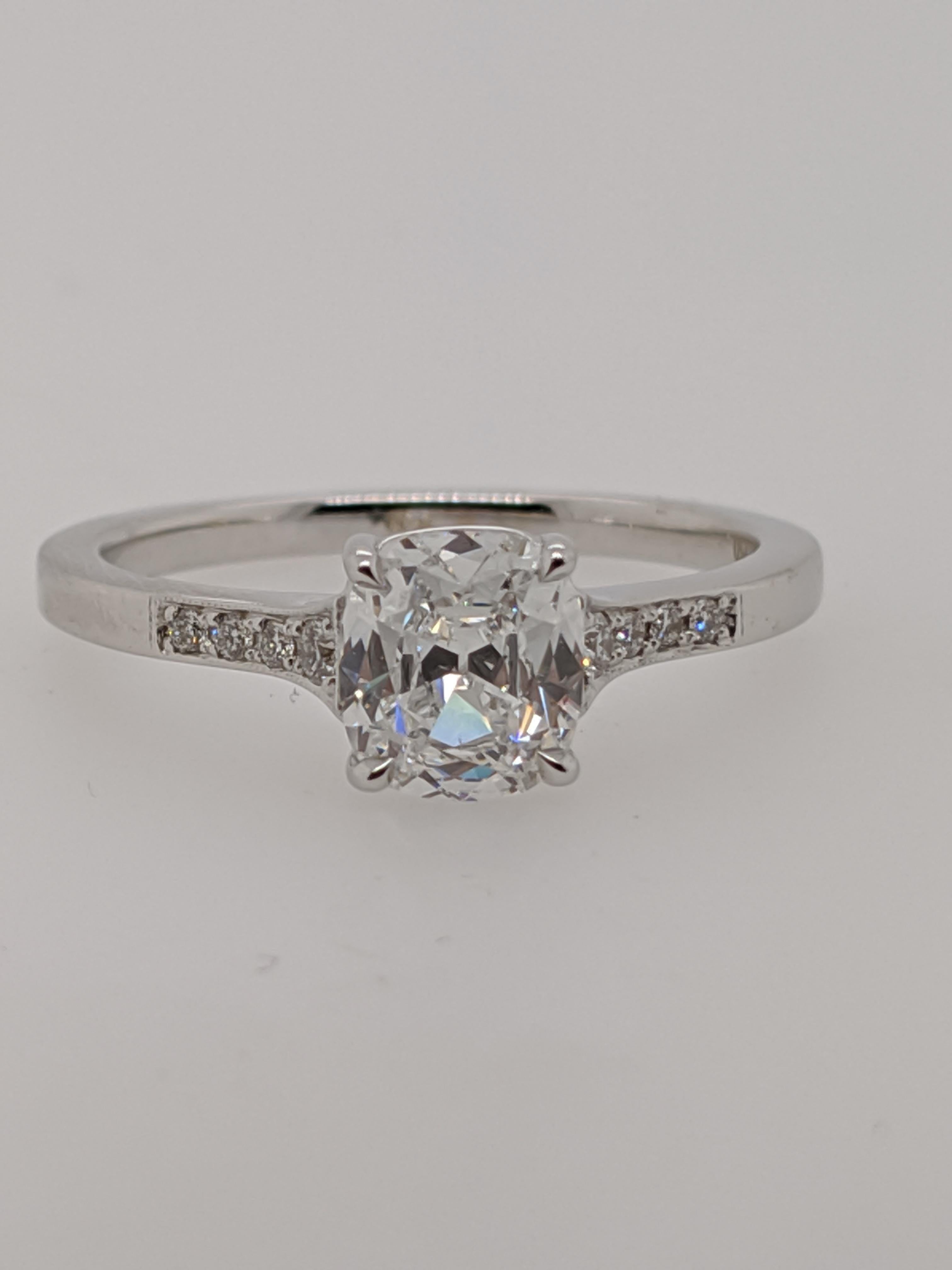 Women's Antique Cut Cushion Diamond Engagement Ring in 18 Karat White Gold, GIA