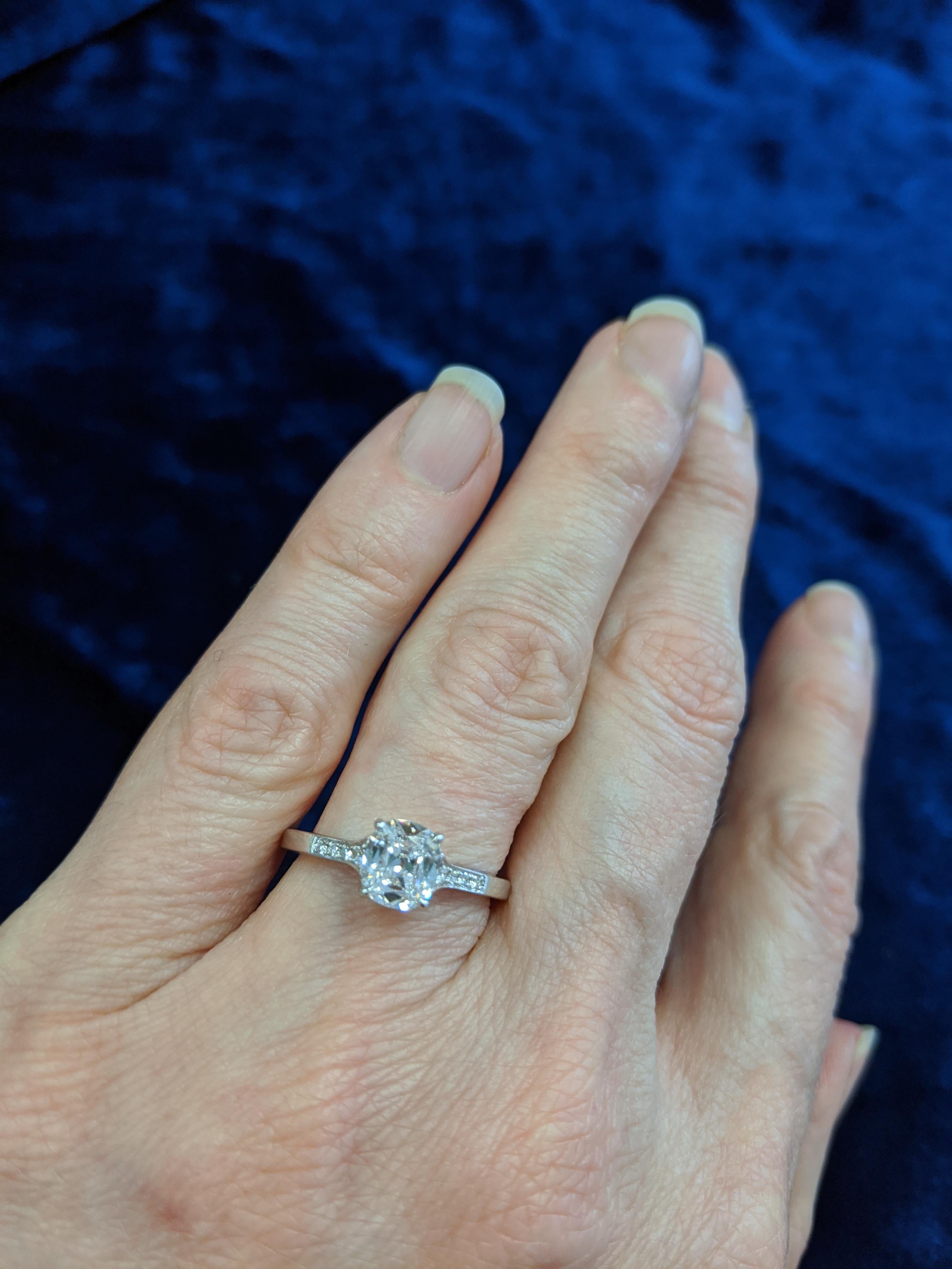 Antique Cut Cushion Diamond Engagement Ring in 18 Karat White Gold, GIA 1
