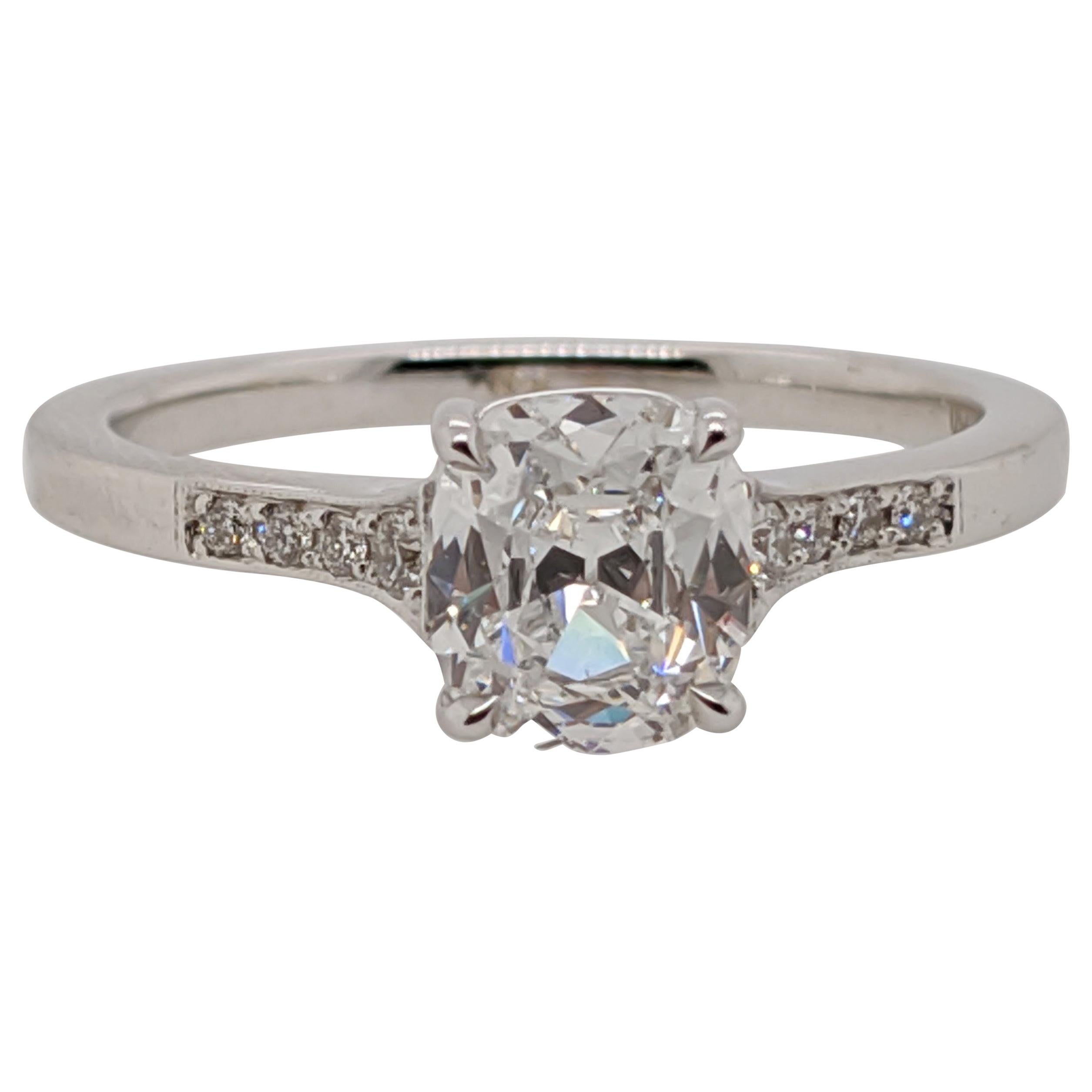 Antique Cut Cushion Diamond Engagement Ring in 18 Karat White Gold, GIA