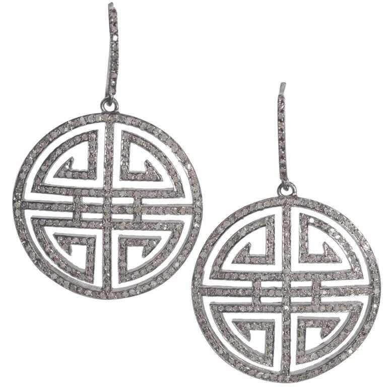 Contemporary Antique Cut Steel Grey Diamond Chinese Good Luck Symbol Disc Earrings