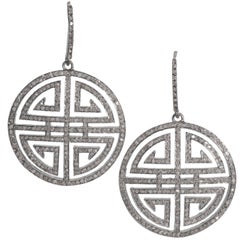 Antique Cut Steel Grey Diamond Chinese Good Luck Symbol Disc Earrings