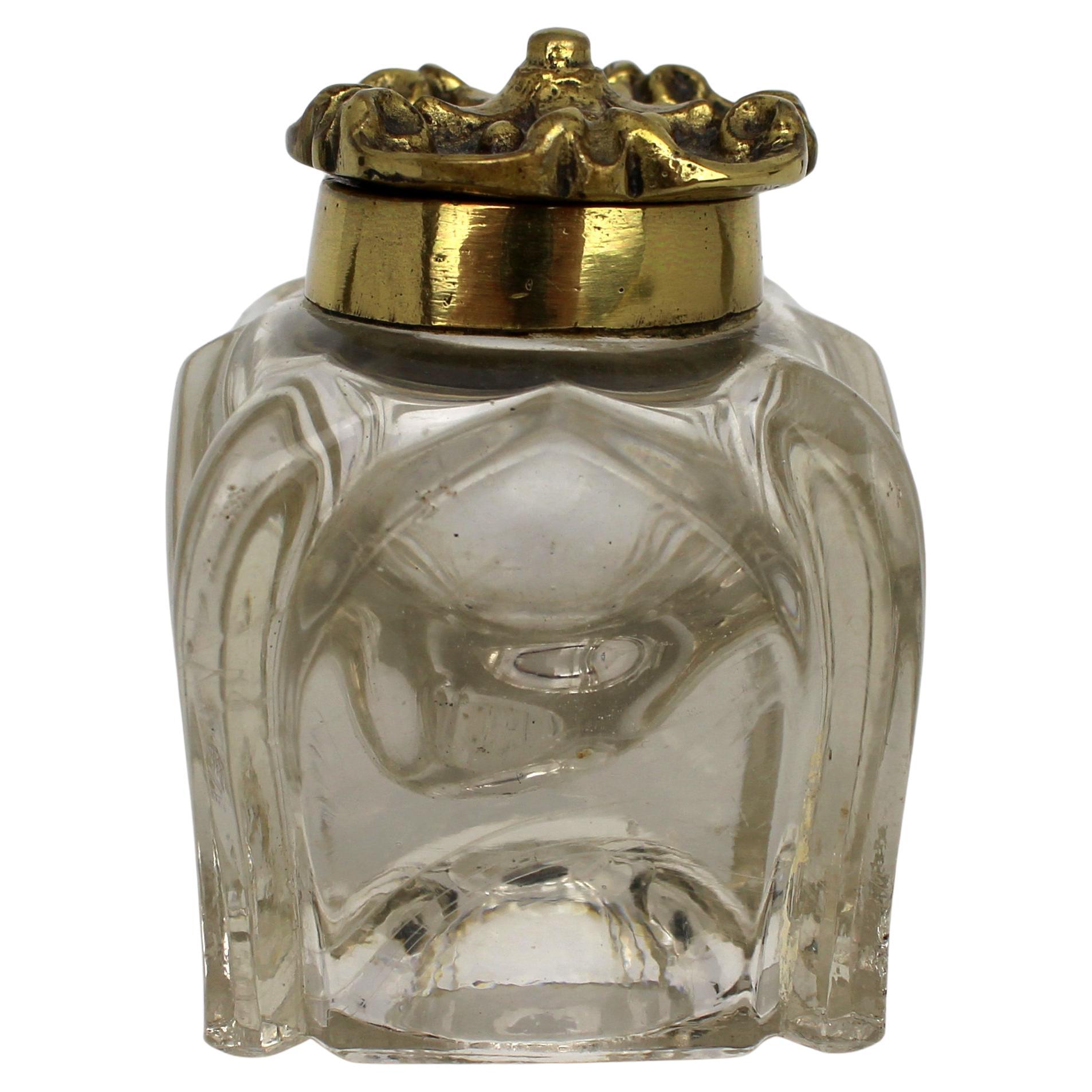 Antique Cut Glass and Brass Crown-Top Inkwell, Early 20th Century im Angebot