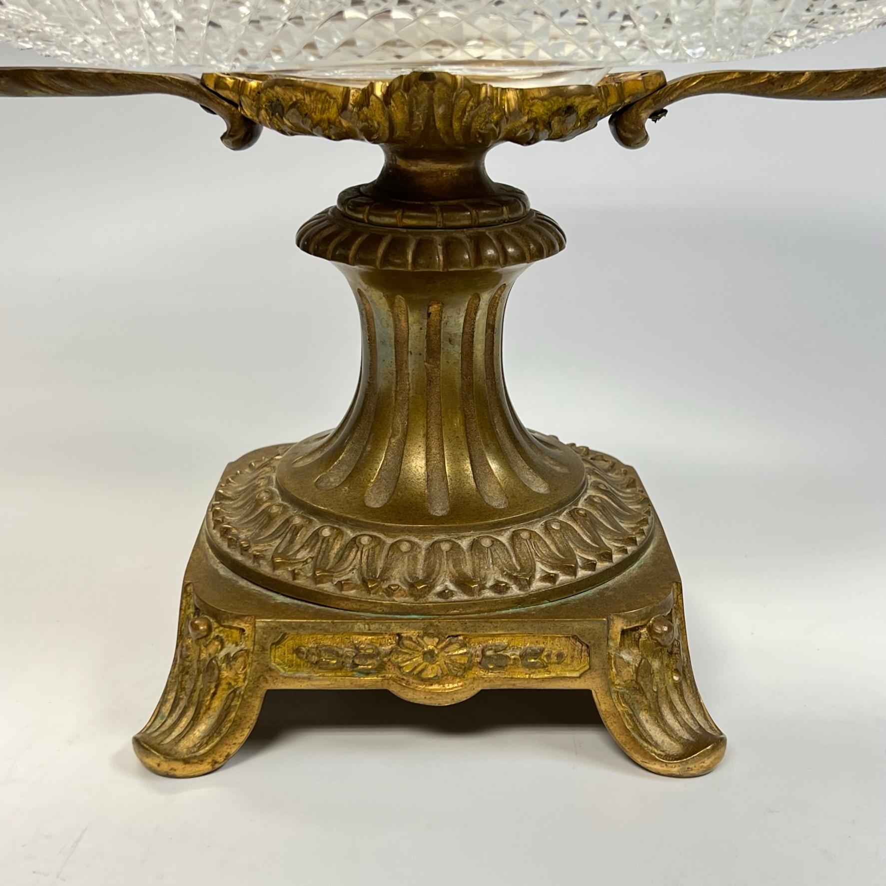 Neoclassical Revival Antique Cut Glass and Bronze Centerpiece Bowl For Sale