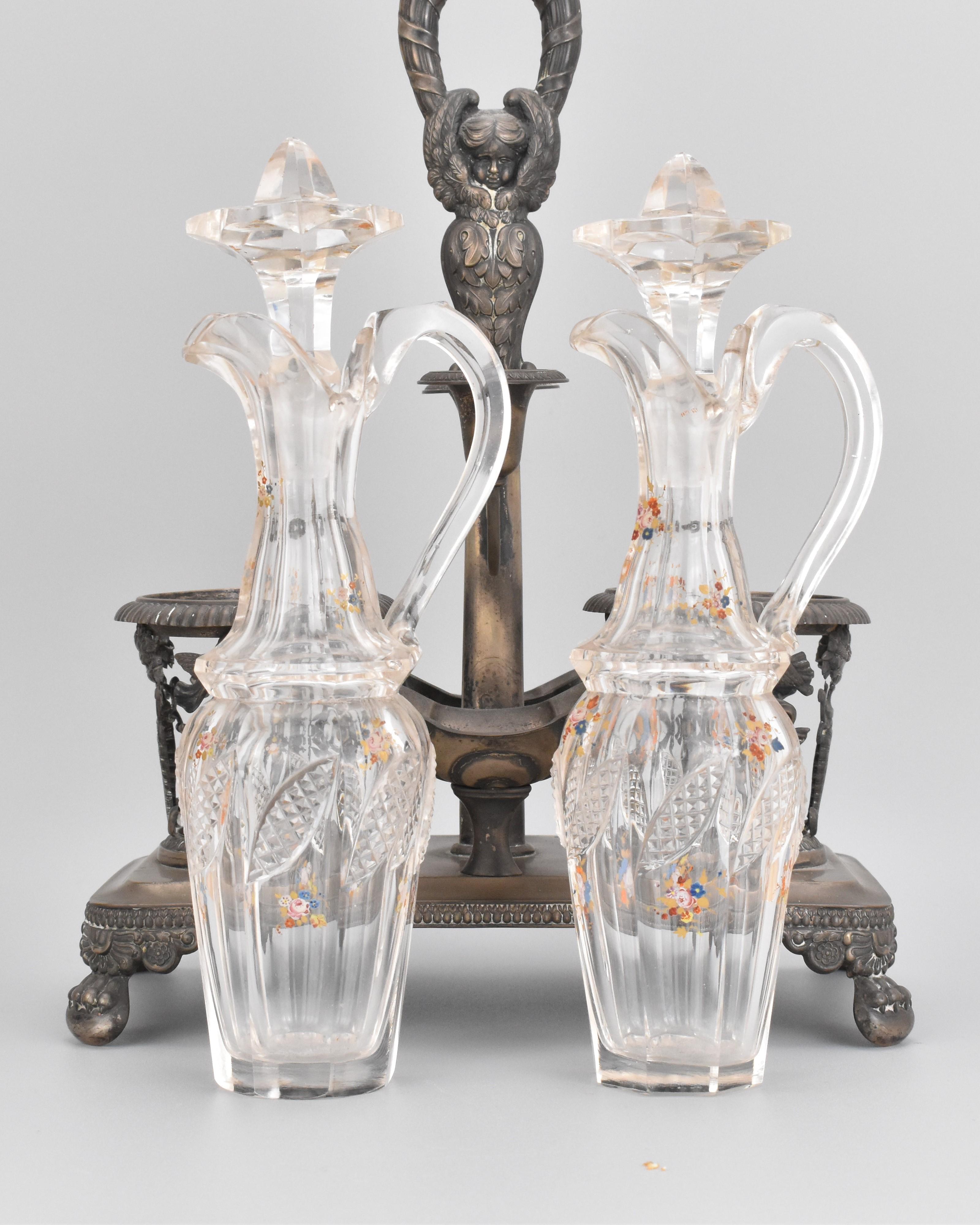 Antique French Cut Glass and Metal Oil and Veniger Cruet Set, XIX secolo in vendita 1