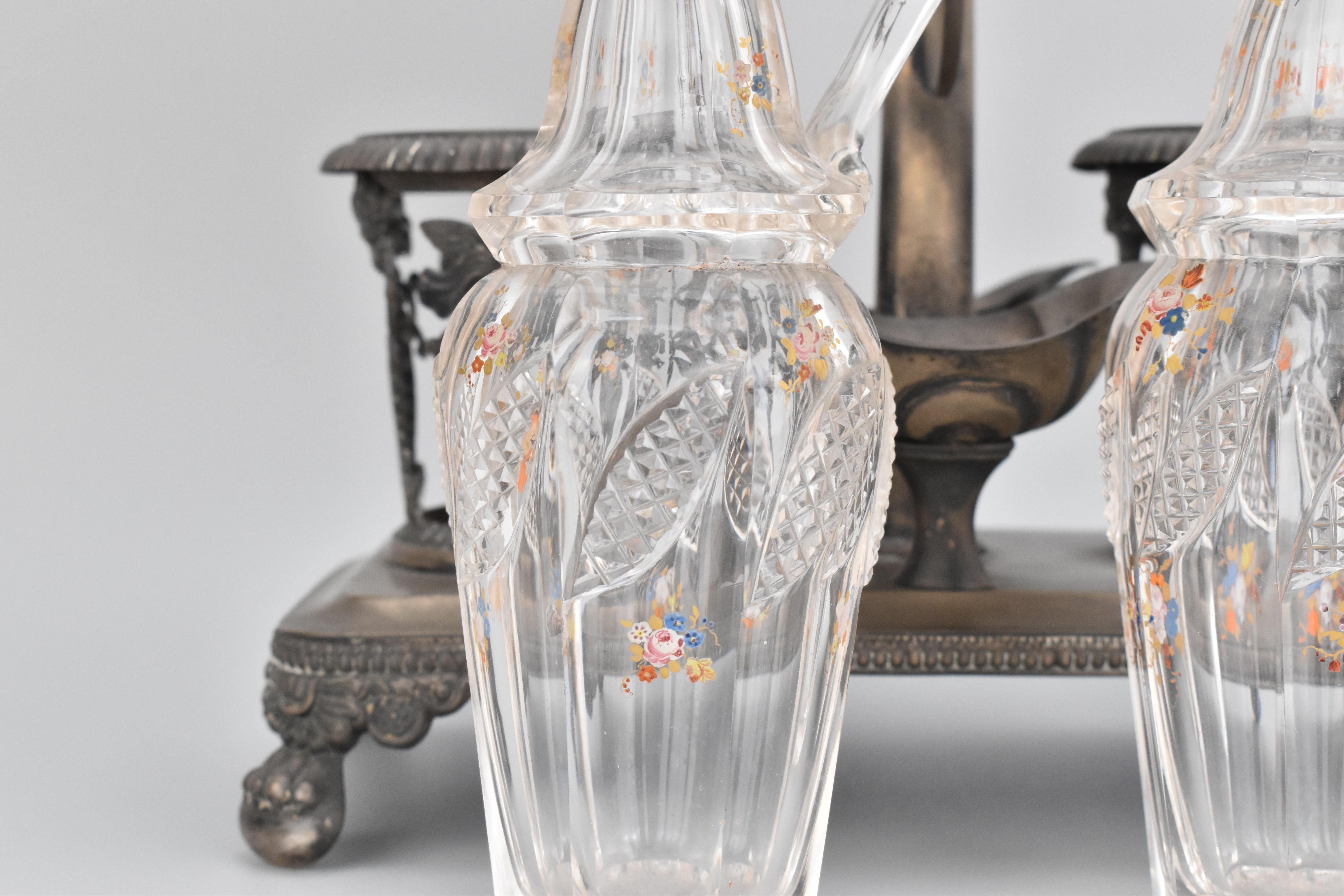 Antique French Cut Glass and Metal Oil and Veniger Cruet Set, XIX secolo in vendita 2