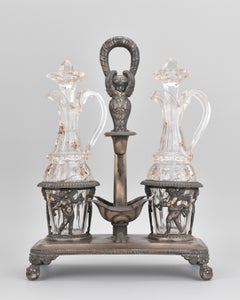 Antique French Cut Glass and Metal Oil and Veniger Cruet Set, 19th Century