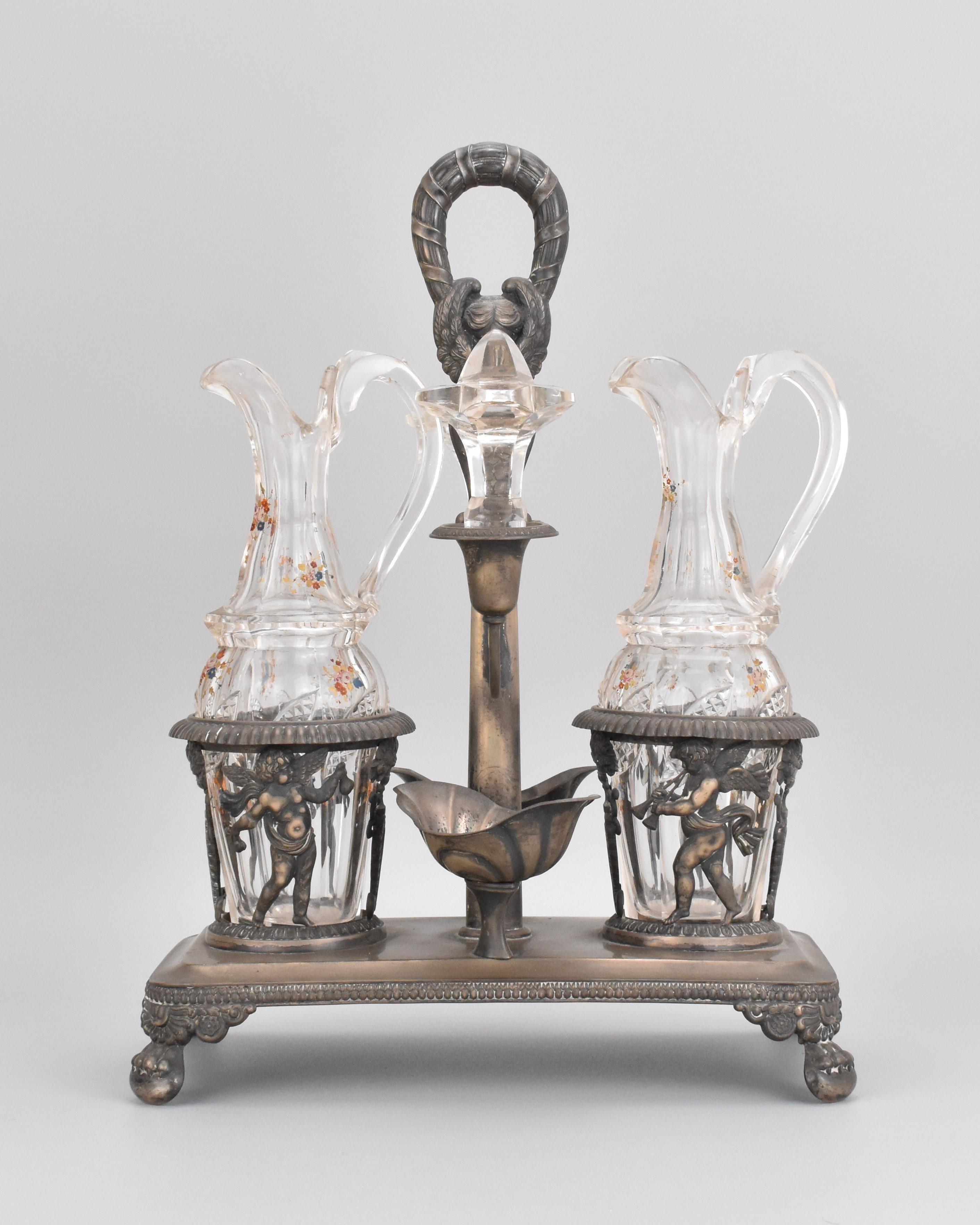 Francese Antique French Cut Glass and Metal Oil and Veniger Cruet Set, XIX secolo in vendita