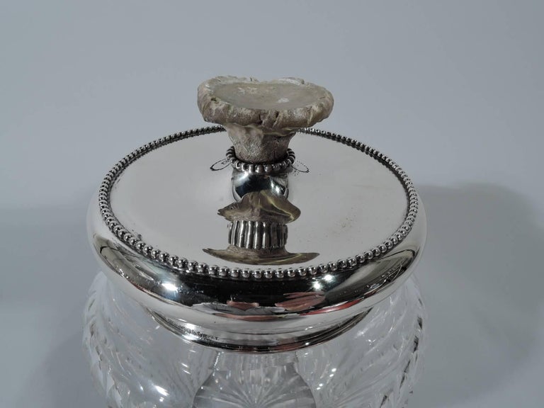 Antique CutGlass and Sterling Silver Tobacco Jar with Antler Finial