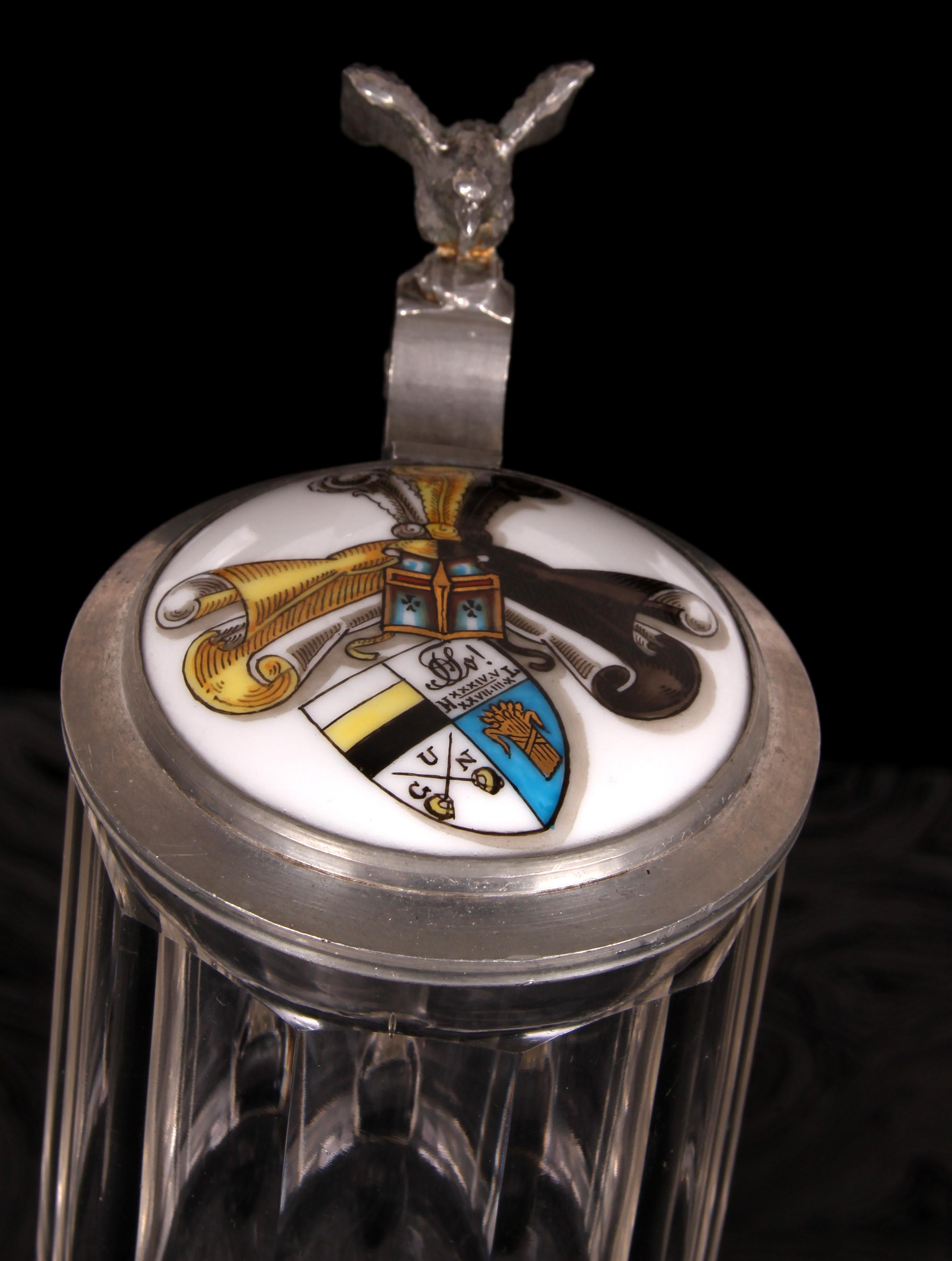 antique cut glass beer stein 1920s art nouveau with hand painted porcelain lid For Sale 3