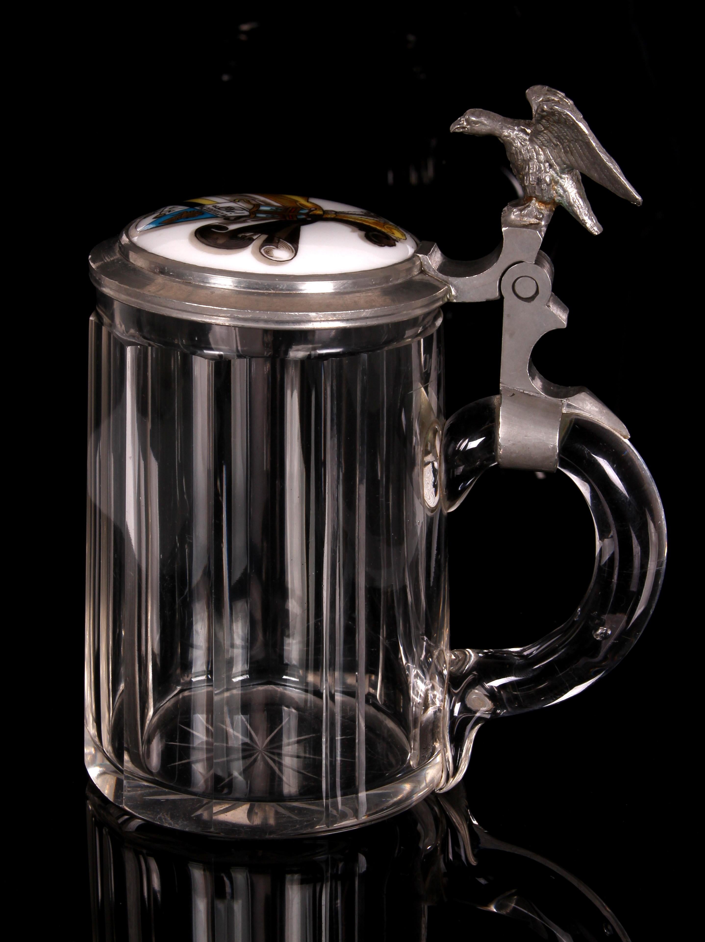 antique cut glass beer stein 1920s art nouveau with hand painted porcelain lid In Good Condition For Sale In Landshut, BY