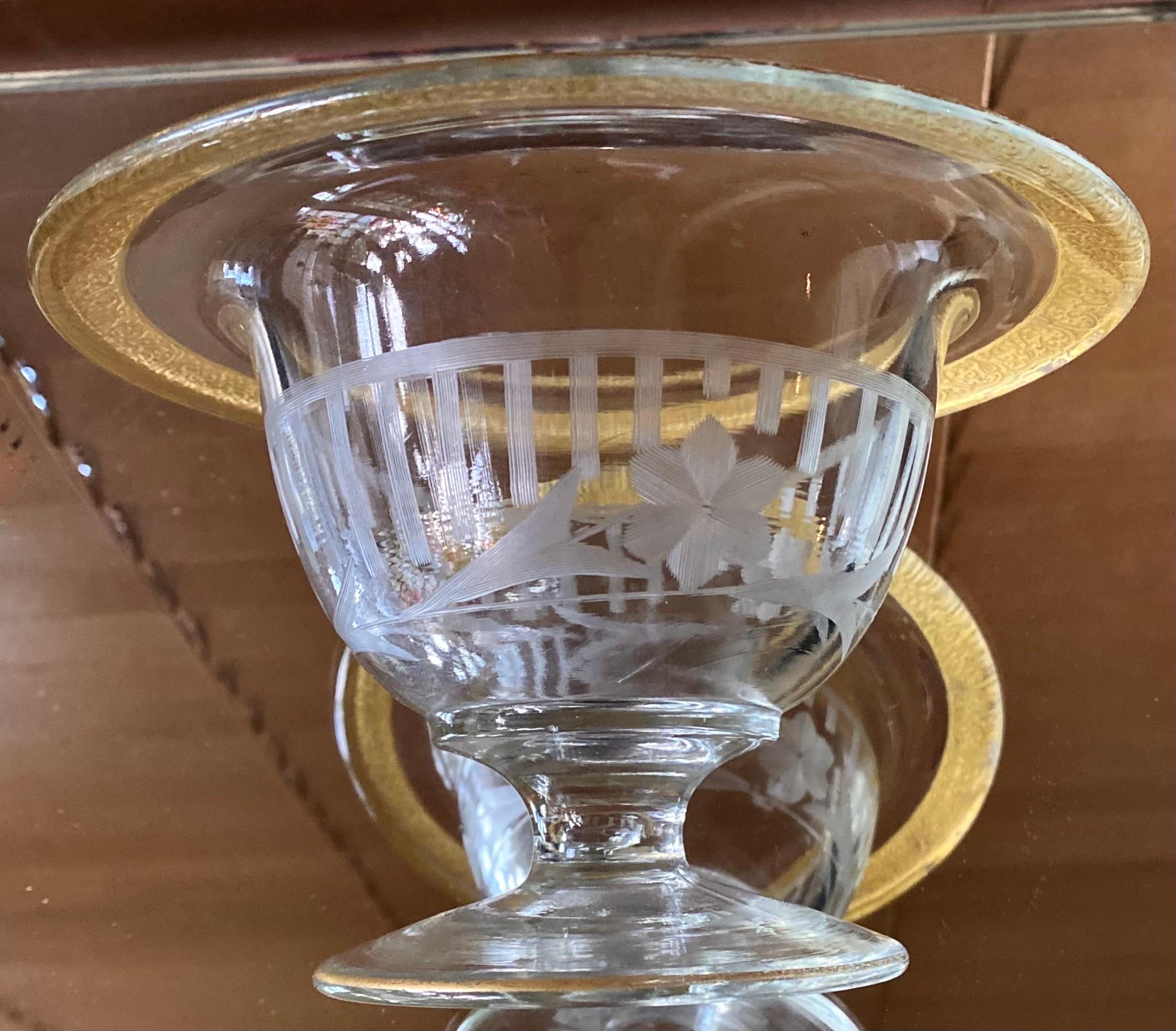 American Antique Cut Glass Footed Compote Dish With Chased Gold Florentine Trim. For Sale