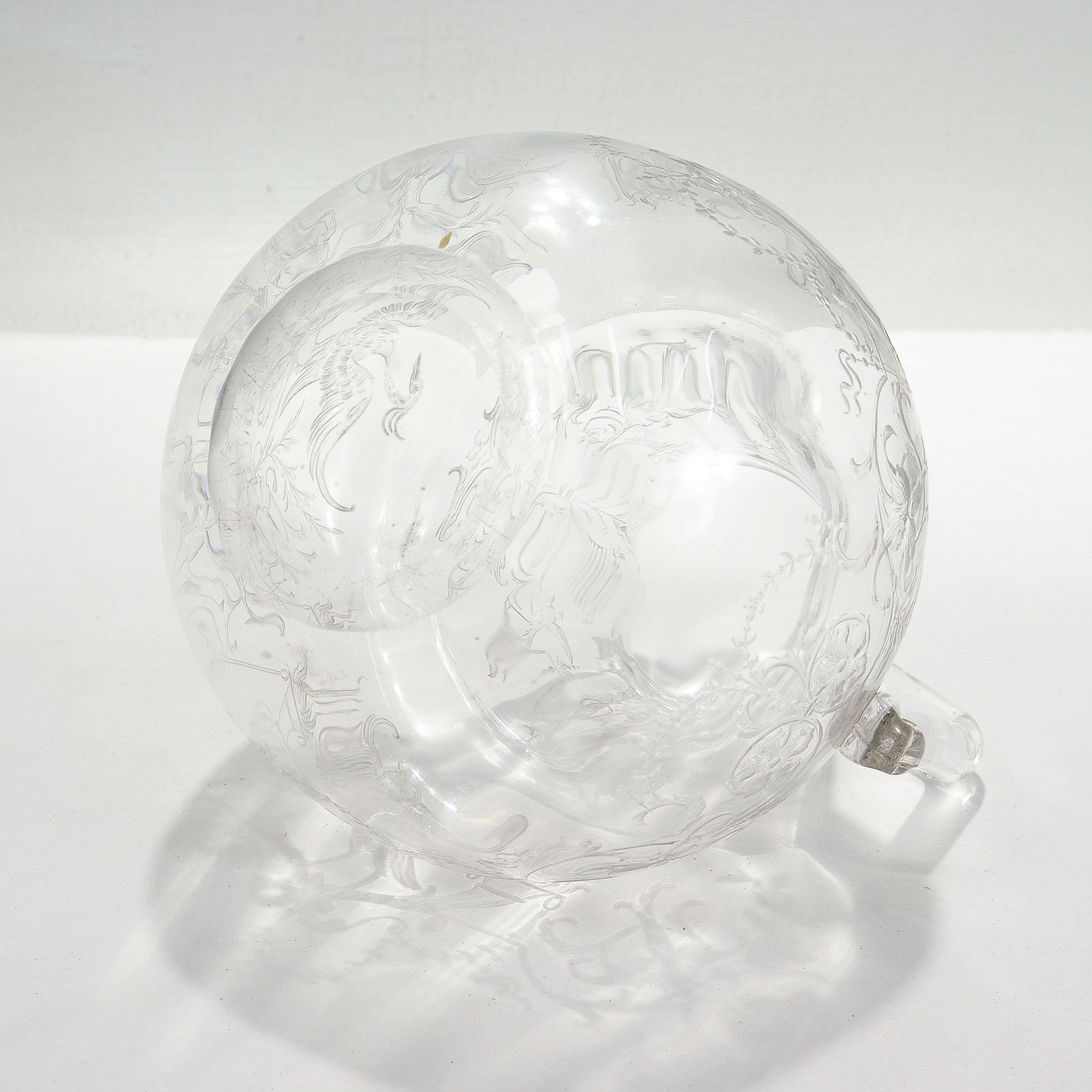 Etched Antique Cut Glass Pitcher with Birds & Phoenix Attributed to Stevens & Williams For Sale