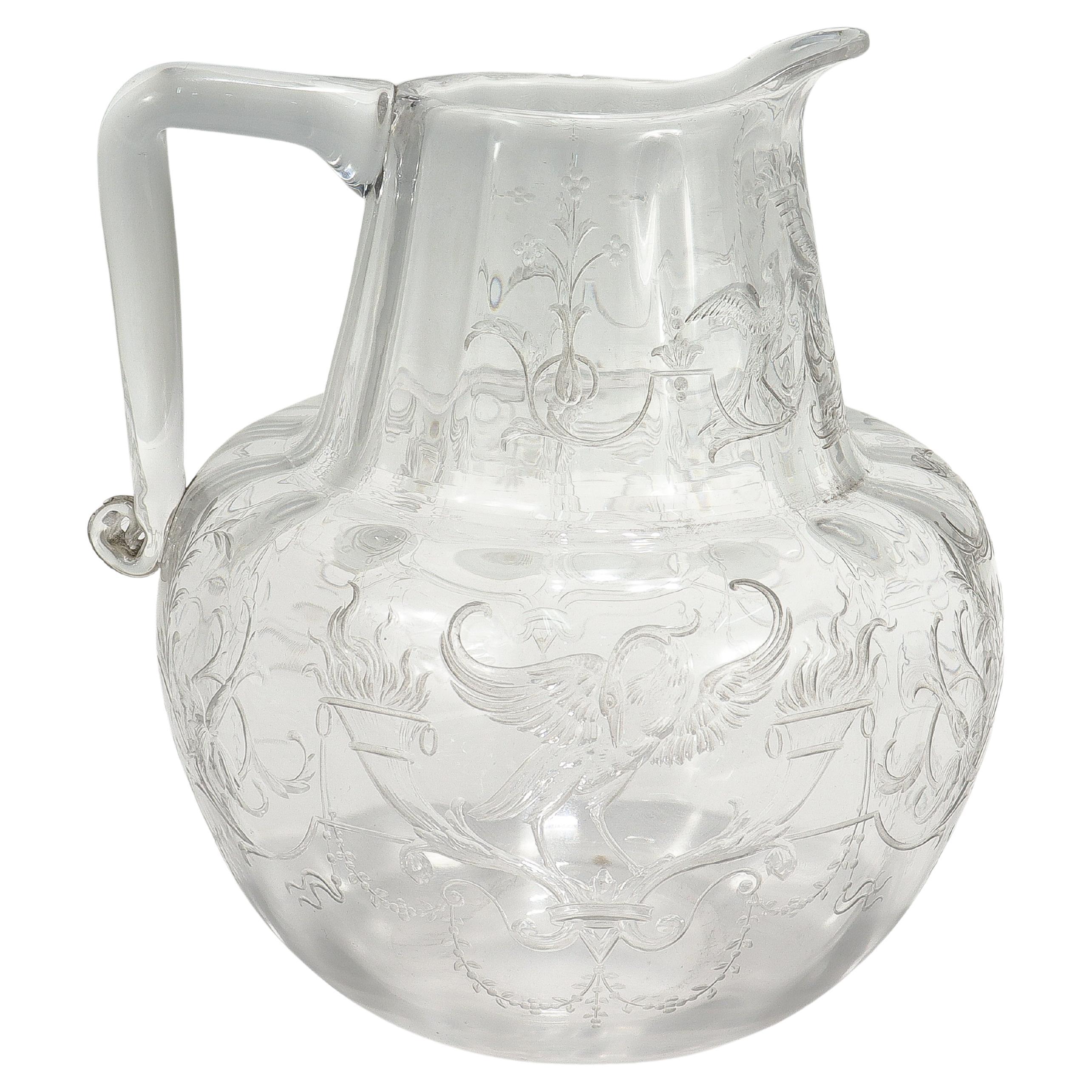 Antique Cut Glass Pitcher with Birds & Phoenix Attributed to Stevens & Williams For Sale