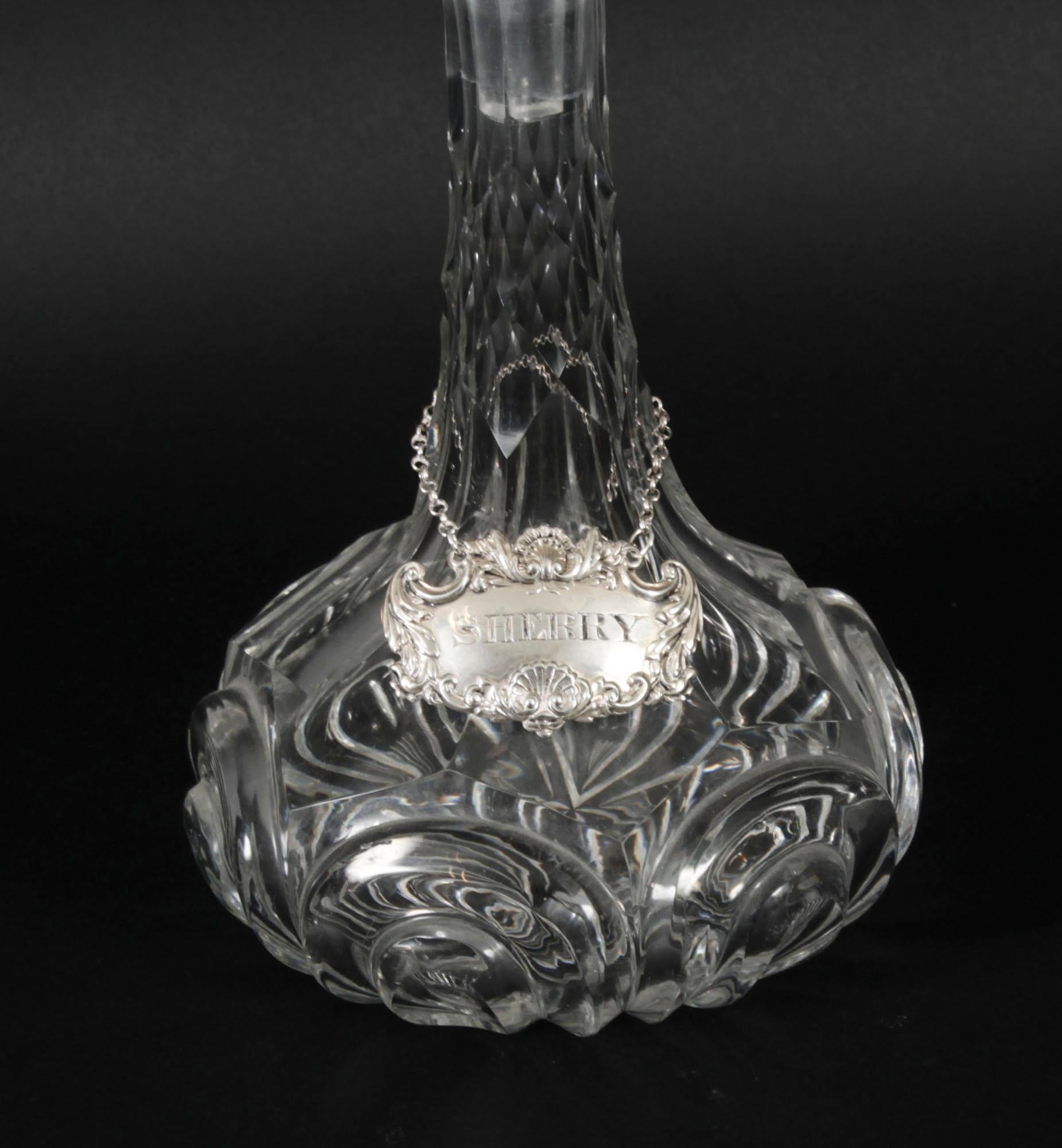 English Antique Cut Glass Ship's Sherry Decanter with Silver Label Circa 1920 For Sale