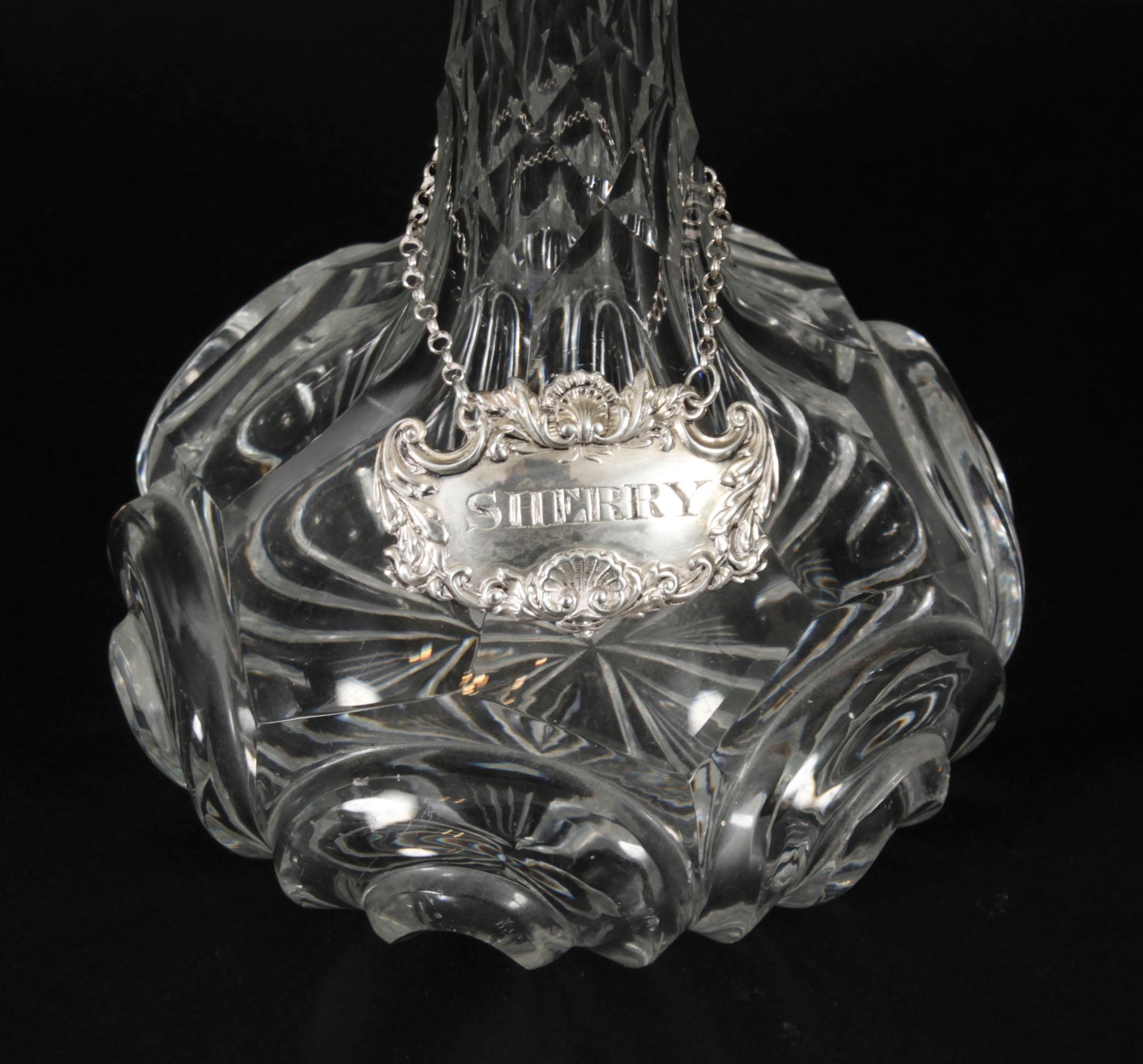 Antique Cut Glass Ship's Sherry Decanter with Silver Label Circa 1920 In Good Condition For Sale In London, GB