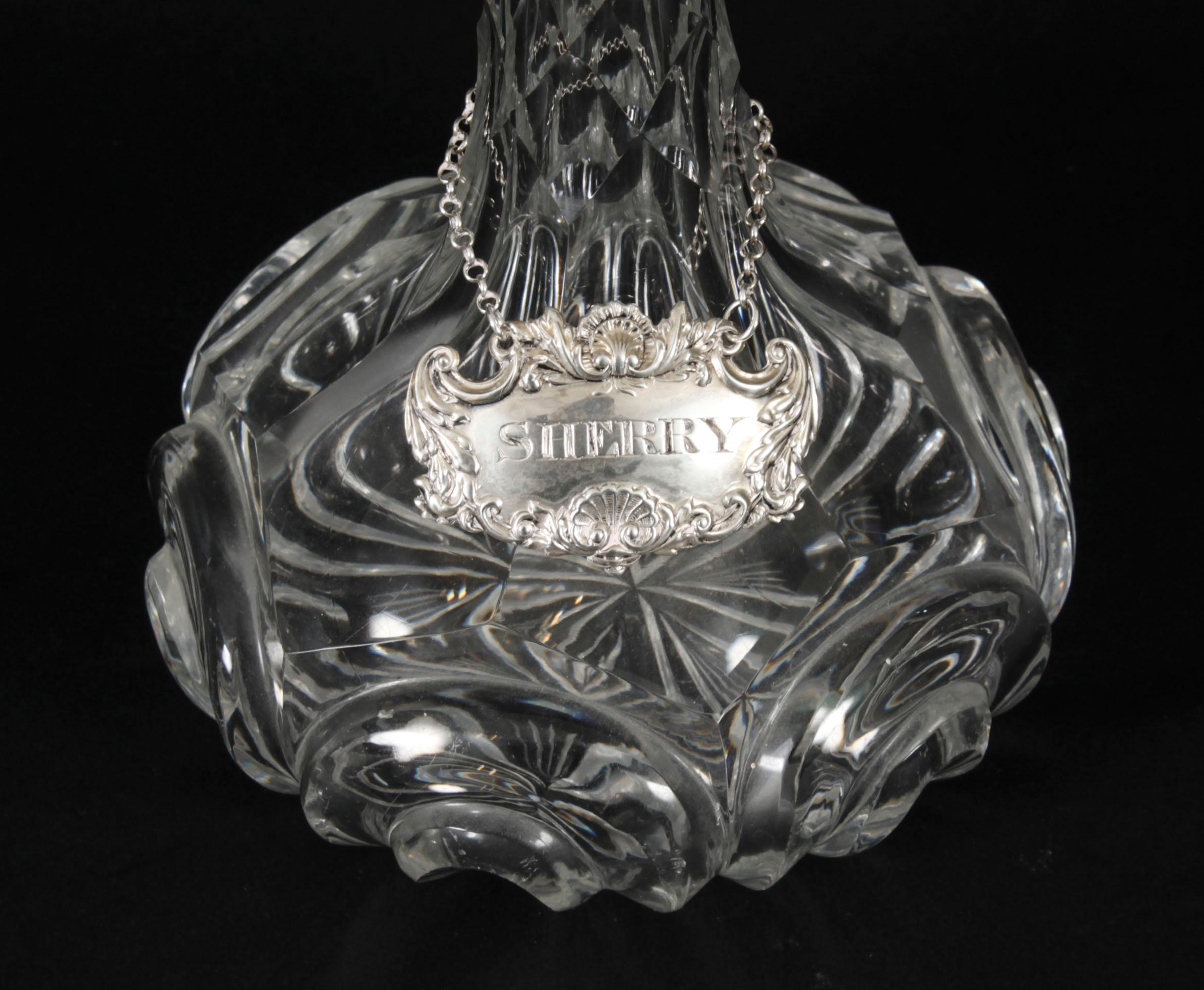 Early 20th Century Antique Cut Glass Ship's Sherry Decanter with Silver Label Circa 1920 For Sale