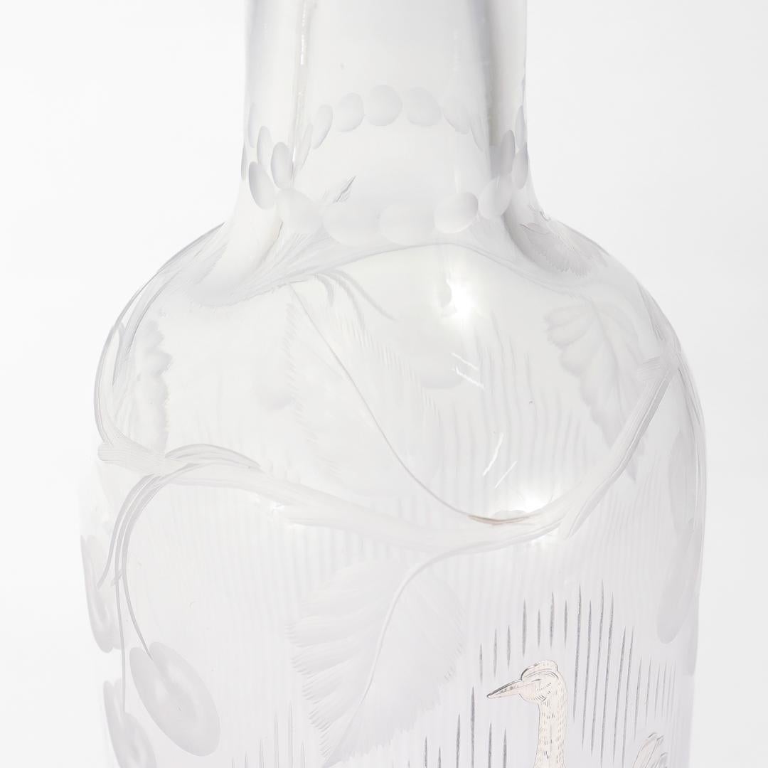 Antique Cut Glass & Silver Overlay Fighting Cockerels/Game Cocks Bar Back Bottle For Sale 7