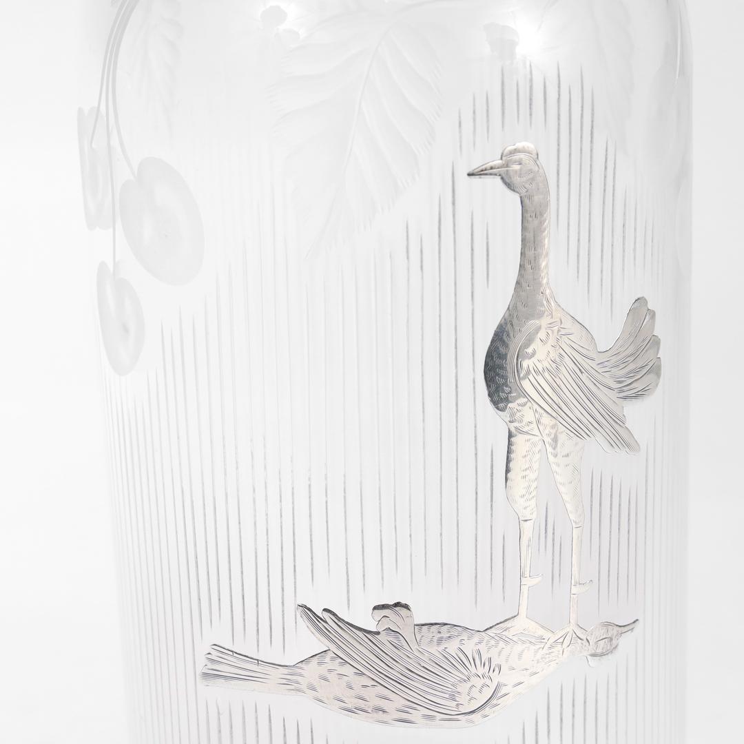 Botella antigua de vidrio tallado y recubrimiento de plata para gallos de pelea/gallo de caza en venta 9