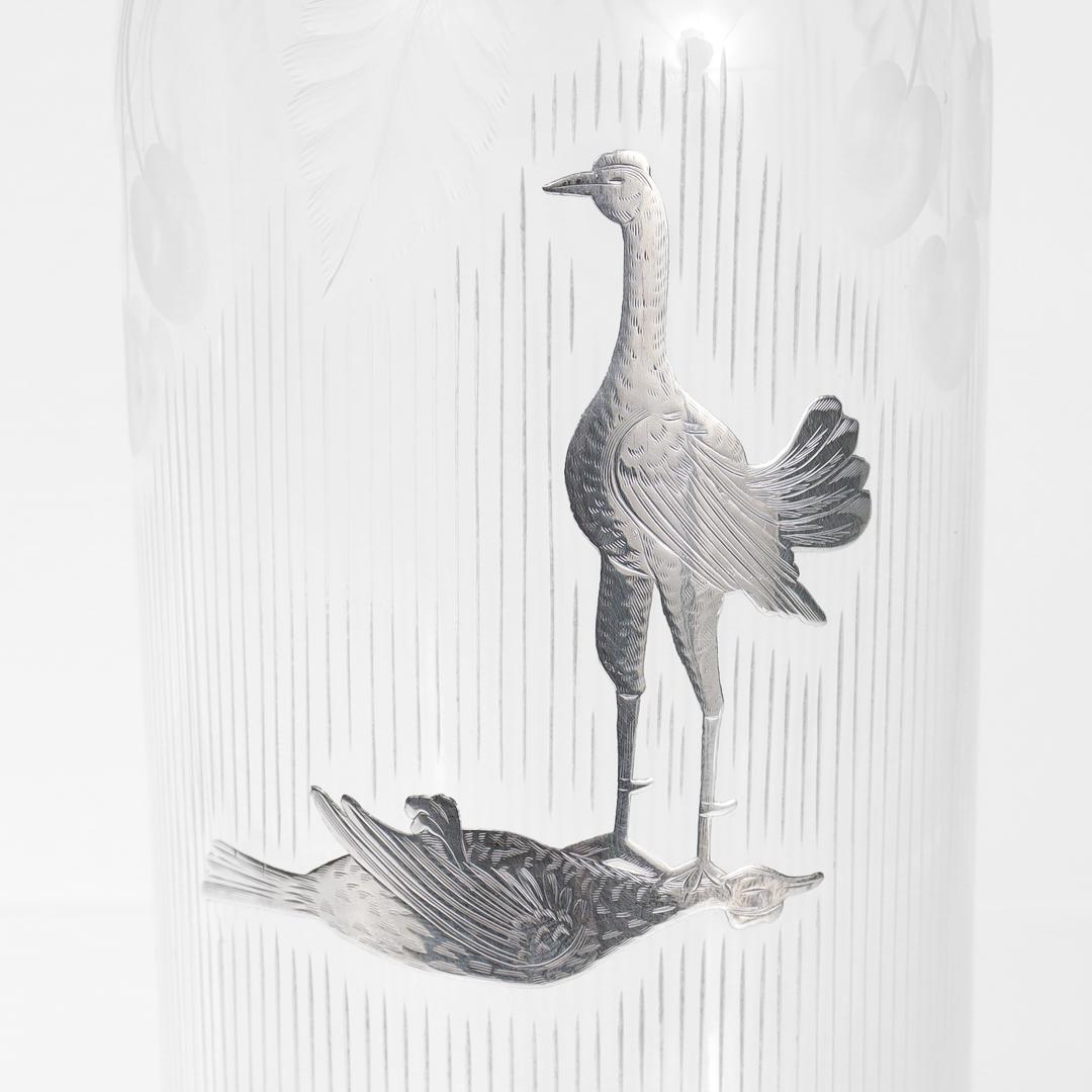 Edwardian Antique Cut Glass & Silver Overlay Fighting Cockerels/Game Cocks Bar Back Bottle For Sale
