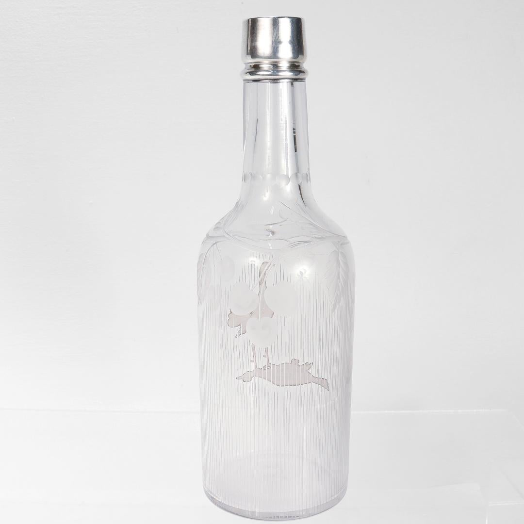 Women's or Men's Antique Cut Glass & Silver Overlay Fighting Cockerels/Game Cocks Bar Back Bottle For Sale