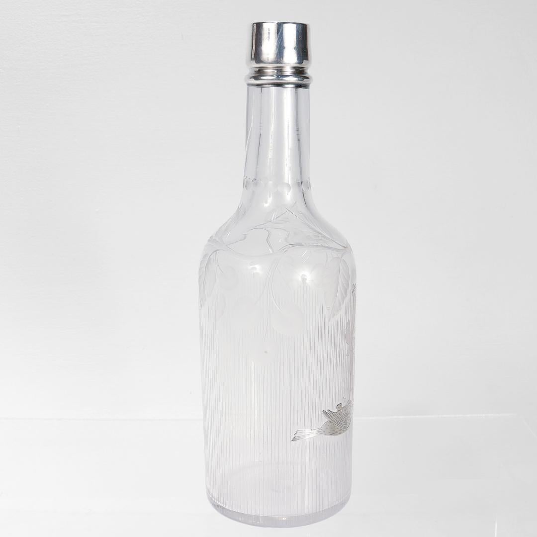 Antique Cut Glass & Silver Overlay Fighting Cockerels/Game Cocks Bar Back Bottle For Sale 1