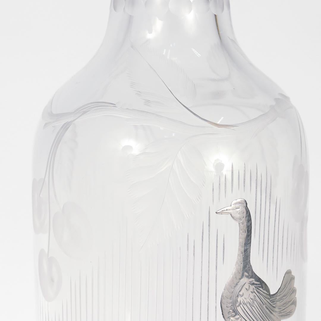 Antique Cut Glass & Silver Overlay Fighting Cockerels/Game Cocks Bar Back Bottle For Sale 3