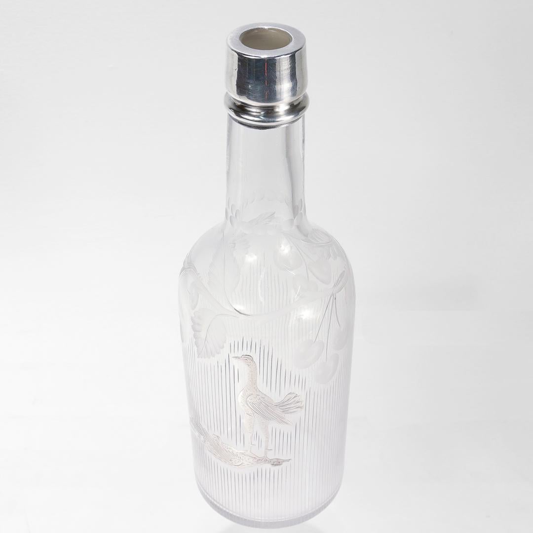 Antique Cut Glass & Silver Overlay Fighting Cockerels/Game Cocks Bar Back Bottle For Sale 4