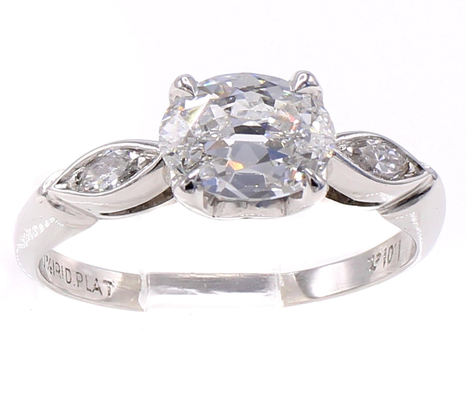 Women's or Men's Antique Cut Oval Diamond Platinum Diamond Engagement Ring For Sale