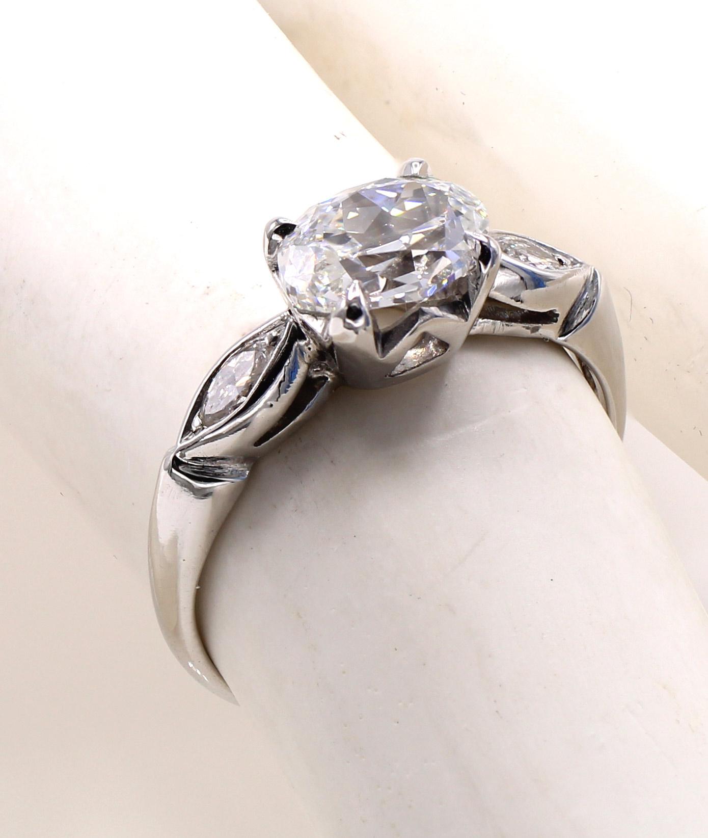 Antique Cut Oval Diamond Platinum Diamond Engagement Ring For Sale 1