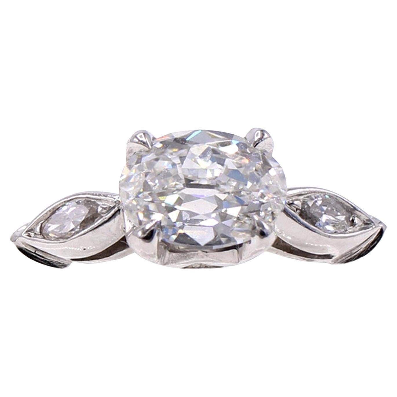 Antique Cut Oval Diamond Platinum Diamond Engagement Ring For Sale