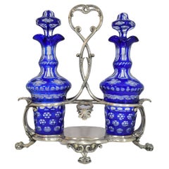 Antique Cut Overlay Glass and Silver Plated Cruet Set, France, 19th Century