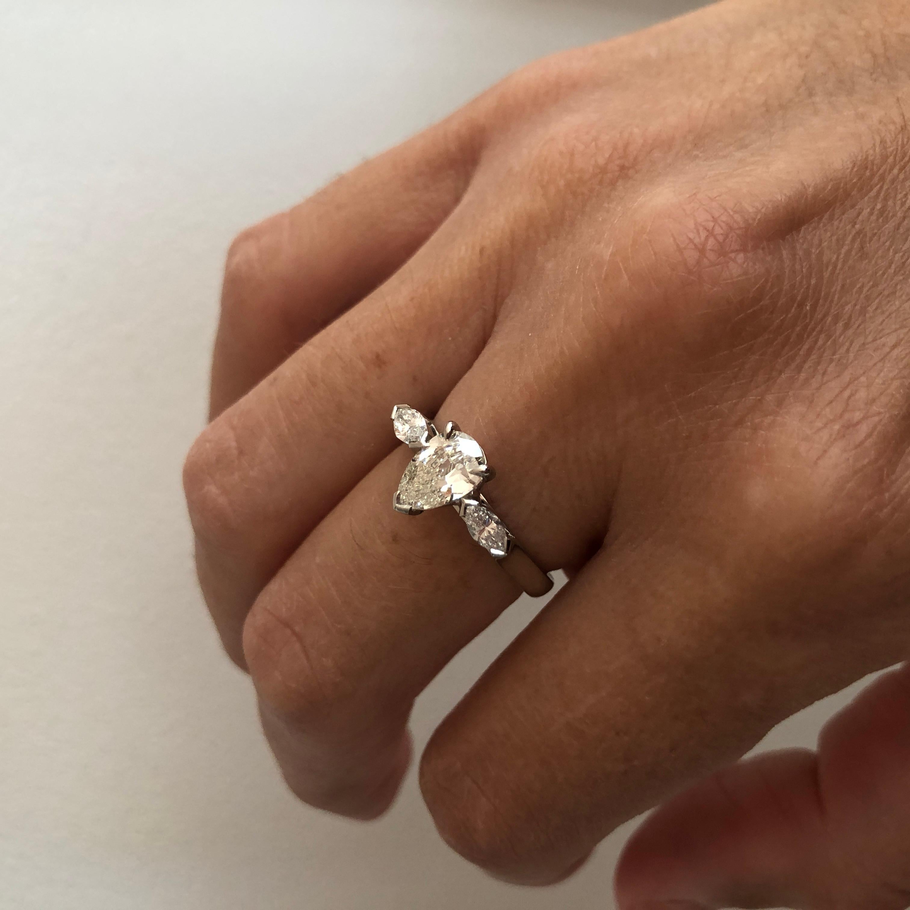 Antique Cut Pear Diamond Platinum Engagement Ring For Sale 5