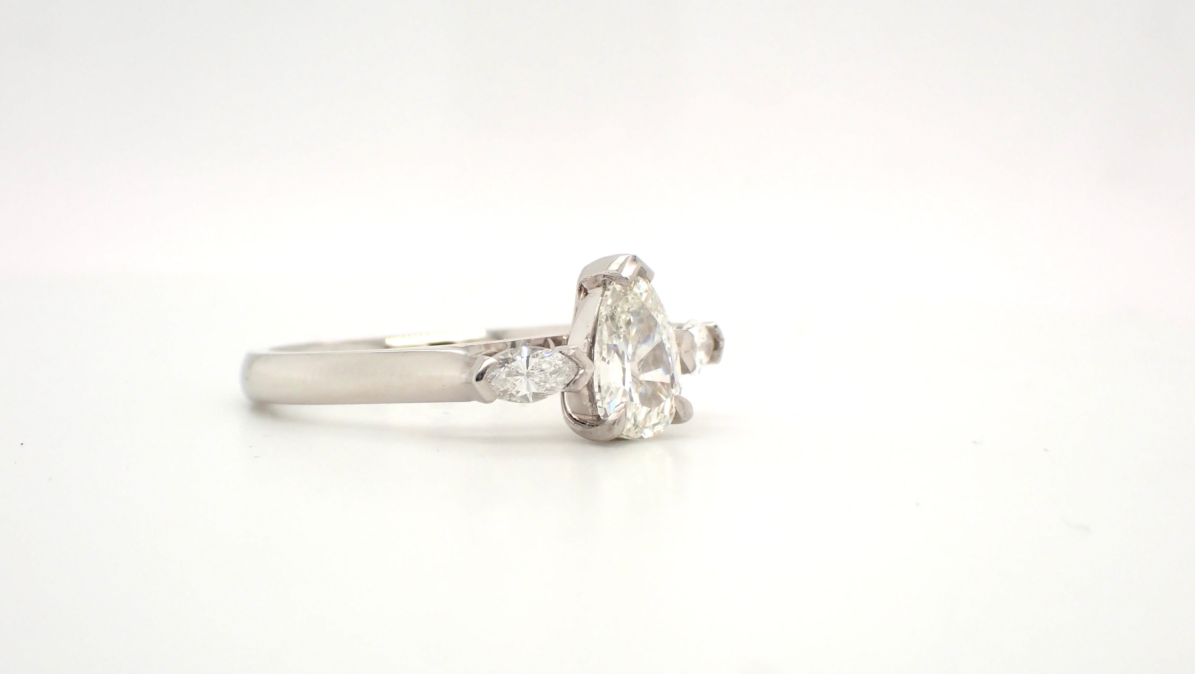 Antique Cut Pear Diamond Platinum Engagement Ring For Sale 2