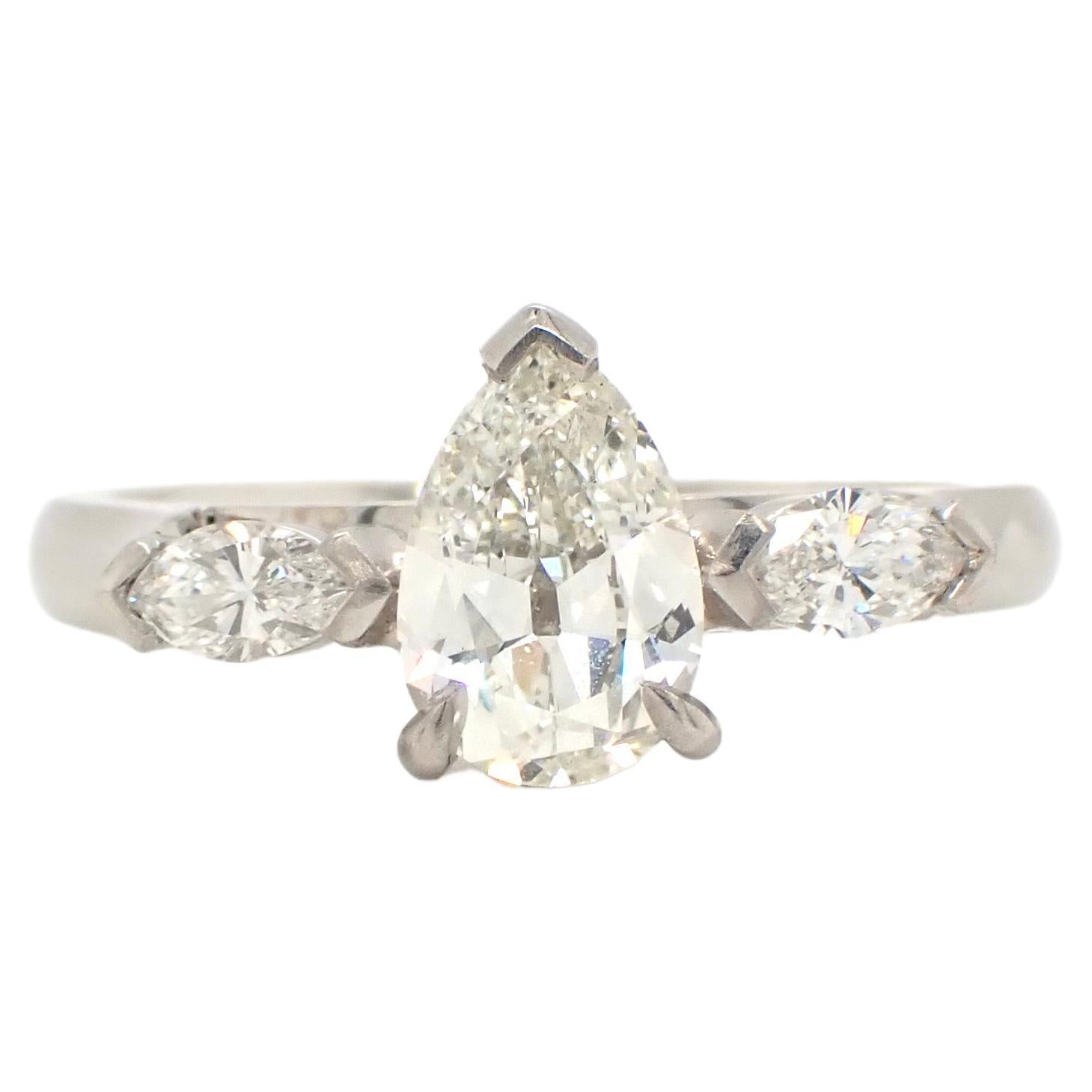 Antique Cut Pear Diamond Platinum Engagement Ring For Sale