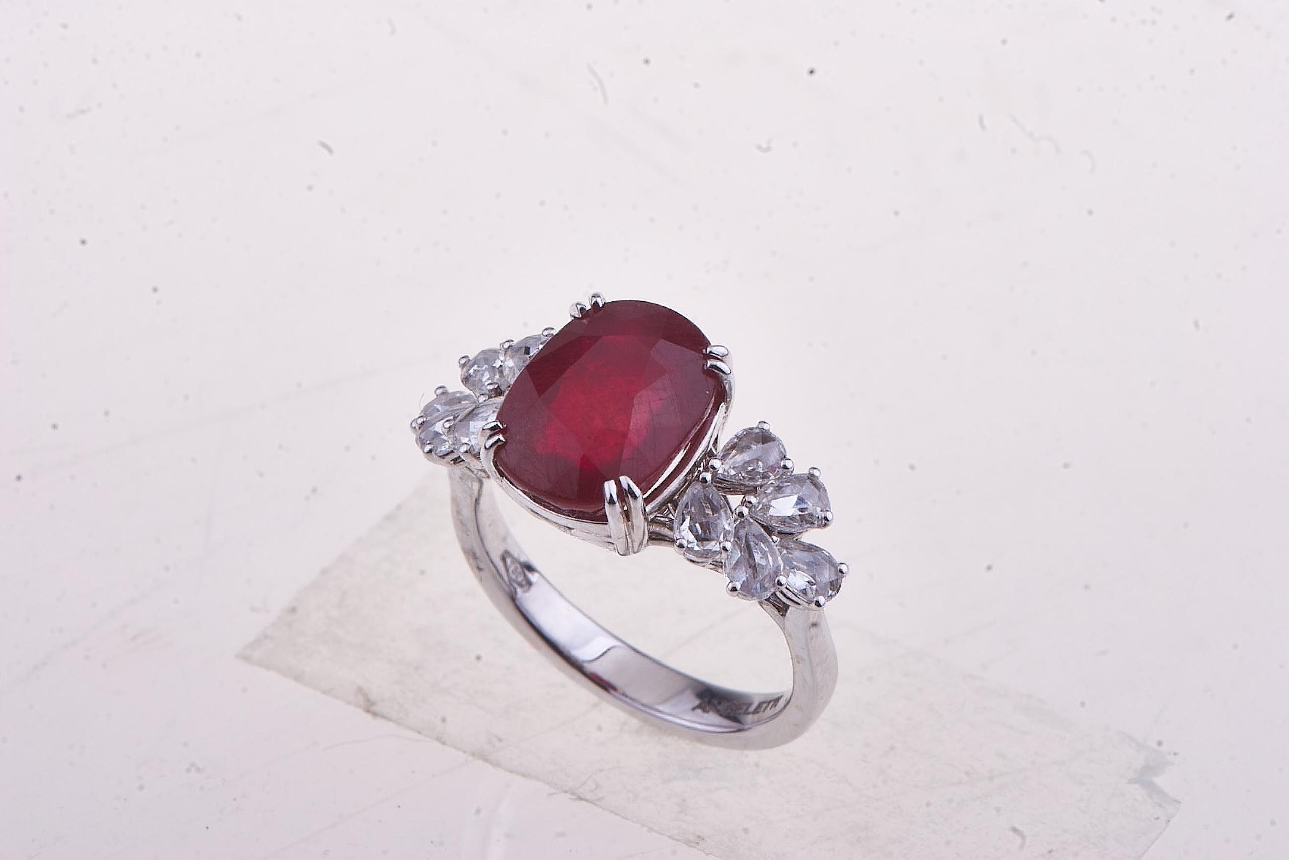 Contemporary Antique Cut Ruby Ring White Gold with Diamonds