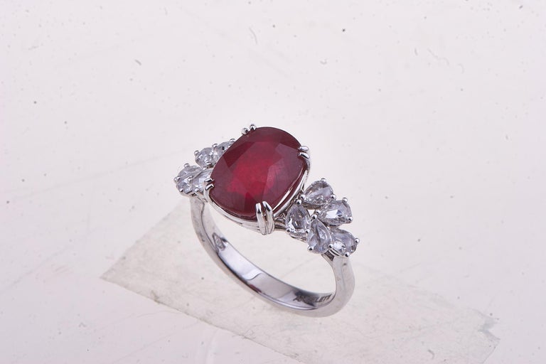 Antique Cushion Cut Antique Cut Ruby Ring White Gold with Diamonds For Sale