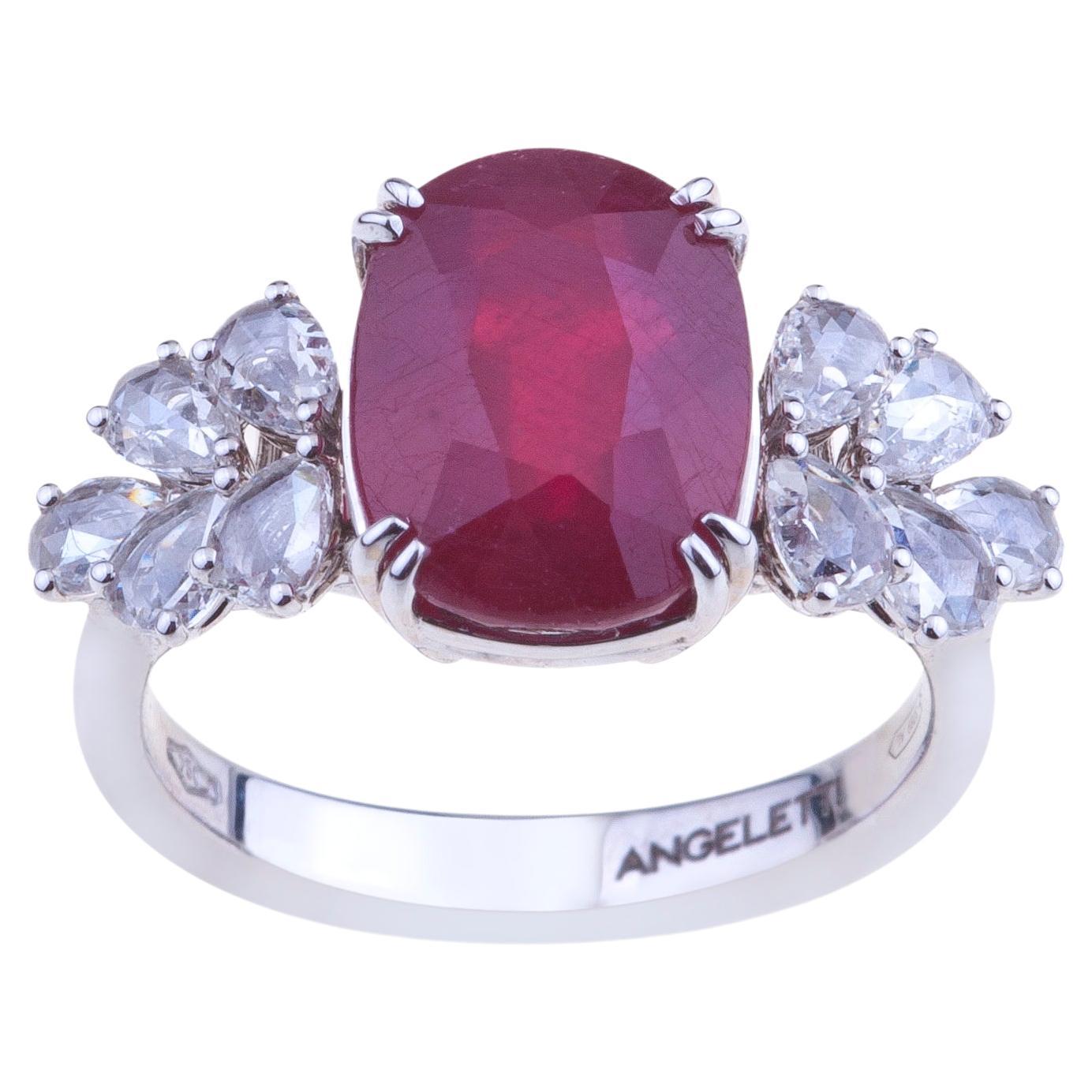 Antique Cut Ruby Ring White Gold with Diamonds