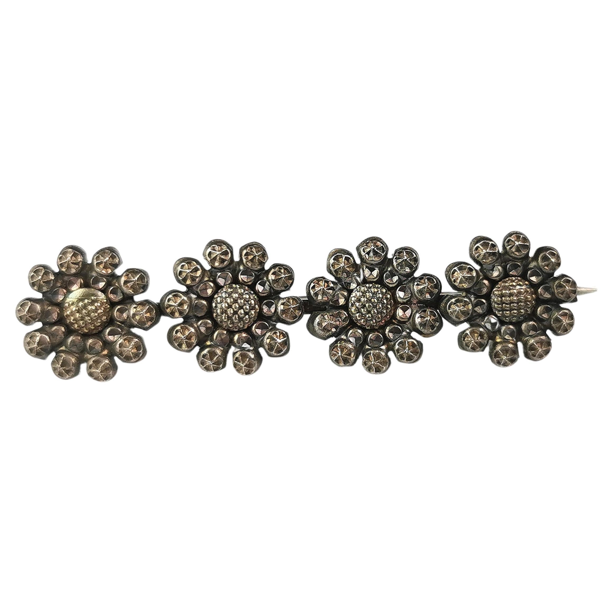 Antique cut steel flower brooch, Victorian  For Sale