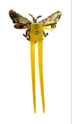 Antike geschliffene Stahl Haarnadel Haar Ornament Schmetterling Insekt Horn