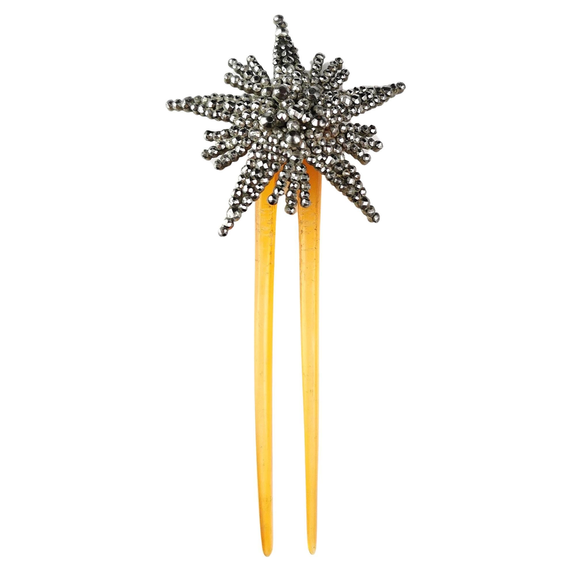 Antique cut steel Star hair comb, celluloid, Victorian  For Sale
