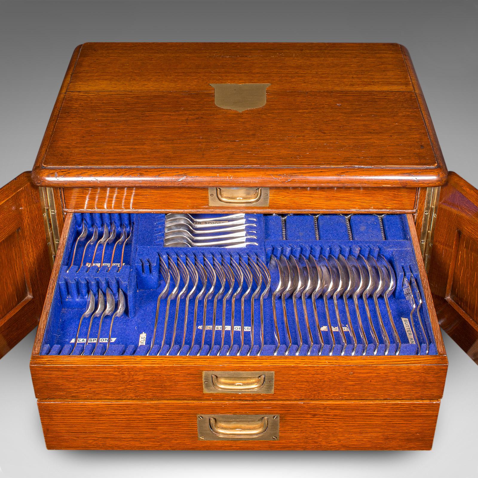 British Antique Cutlery Canteen, English, Oak, Flatware Chest, Walker & Hall, Edwardian For Sale