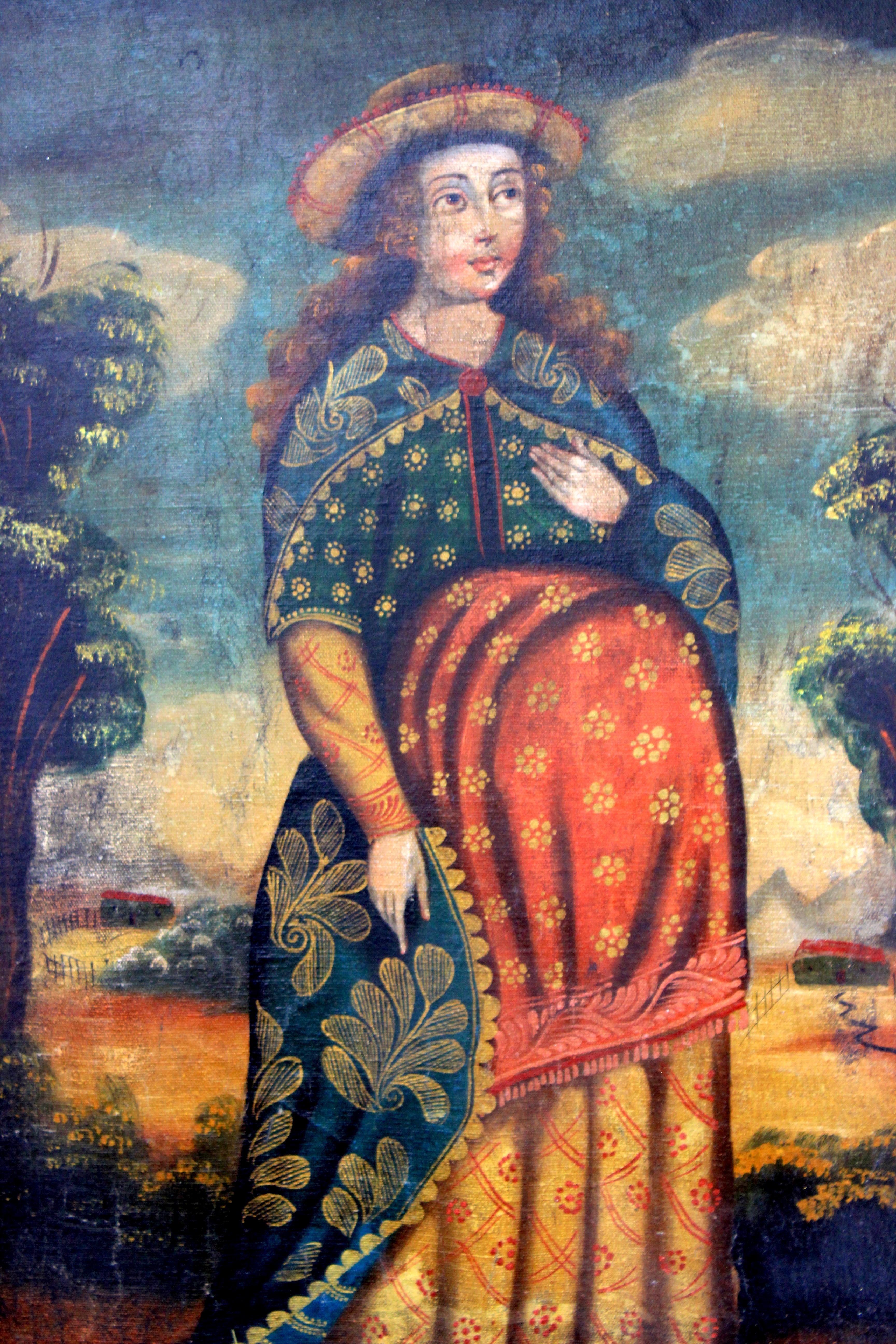 Antique Cuzco School oil on hardboard painting, Expecting Madonna, 18th century In Good Condition In Braintree, GB