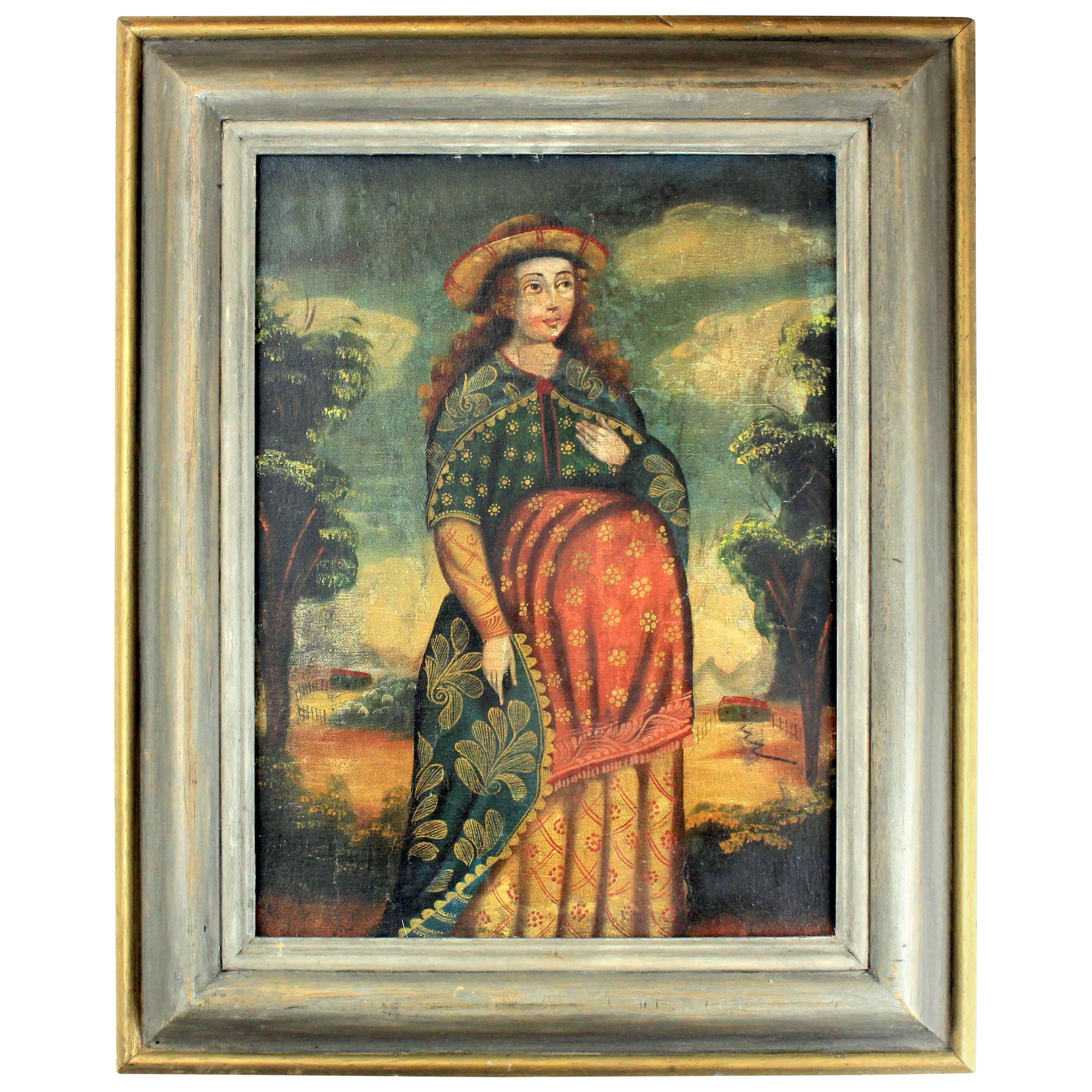 Antique Cuzco School oil on hardboard painting, Expecting Madonna, 18th century