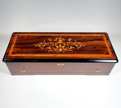 Antique Cylinder Music Box in Wooden Cassette, 10 Melodies, Around 1900