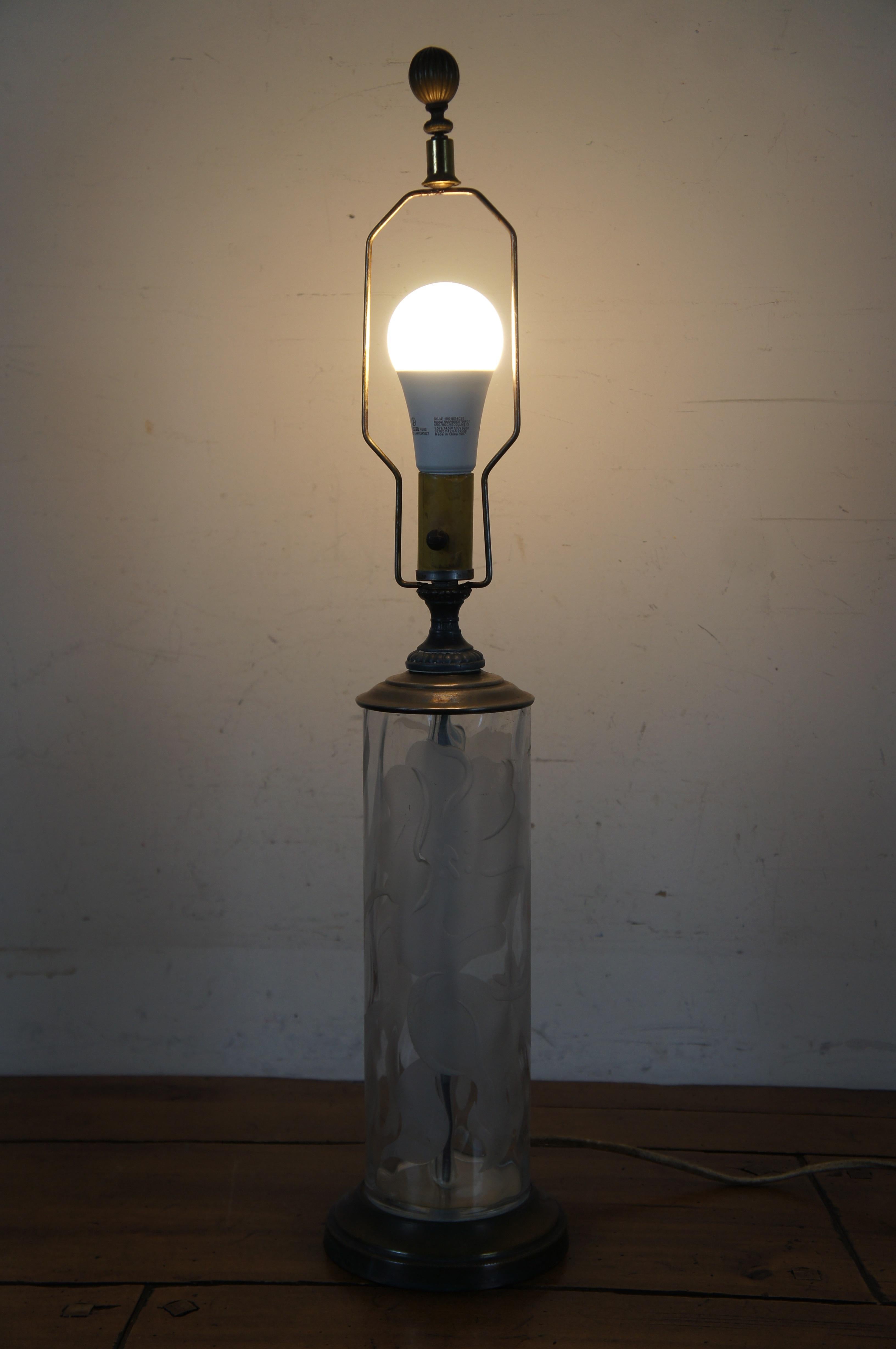 Antique Cylindrical Etched Glass & Brass Table Lamp 28