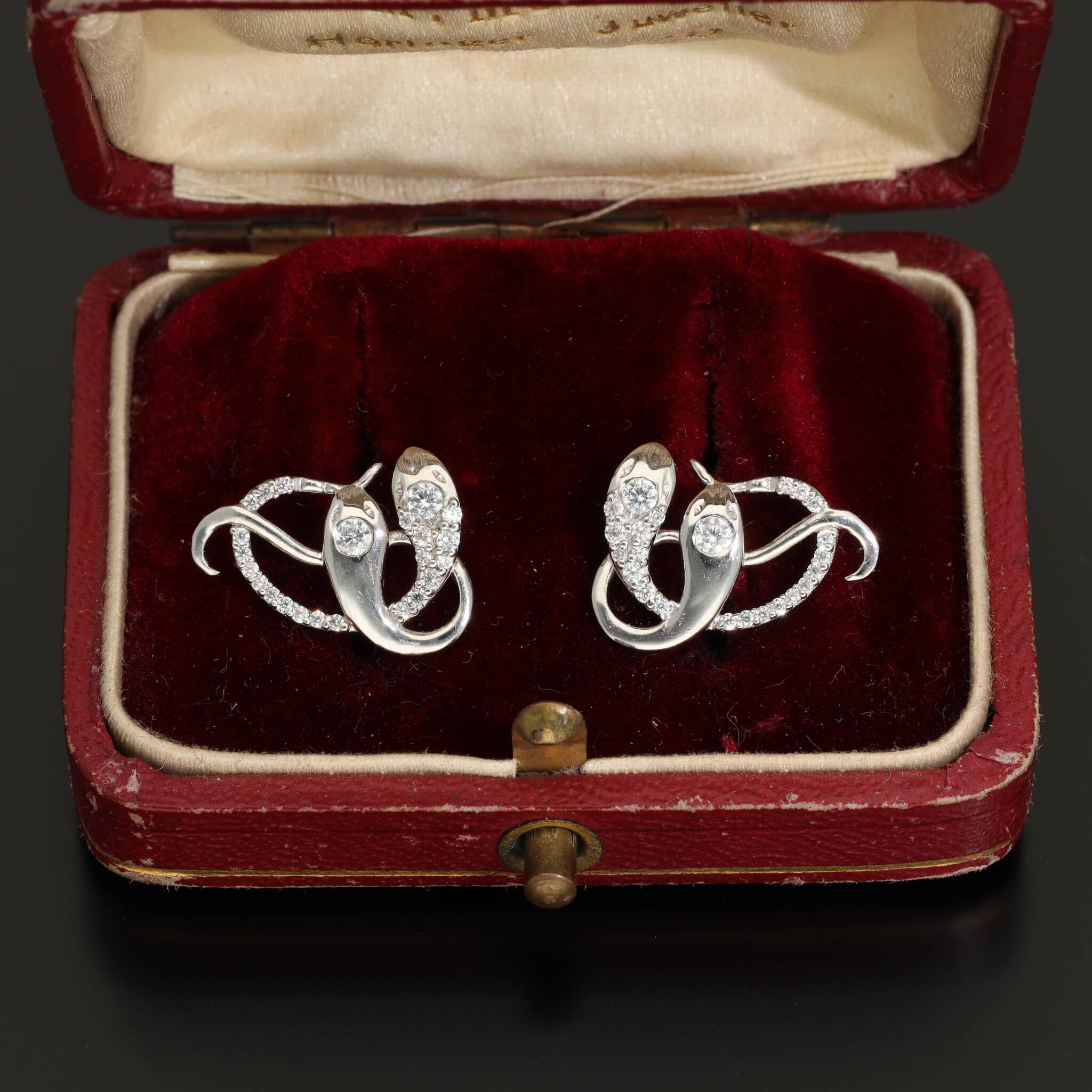 Antique CZ Diamond Snake Earrings, Victorian Revival Silver Snake Earrings For Sale 5