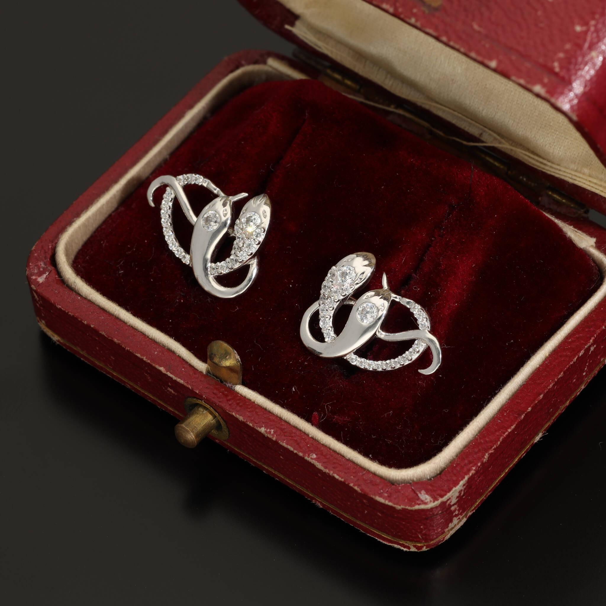 Antique CZ Diamond Snake Earrings, Victorian Revival Silver Snake Earrings For Sale 6