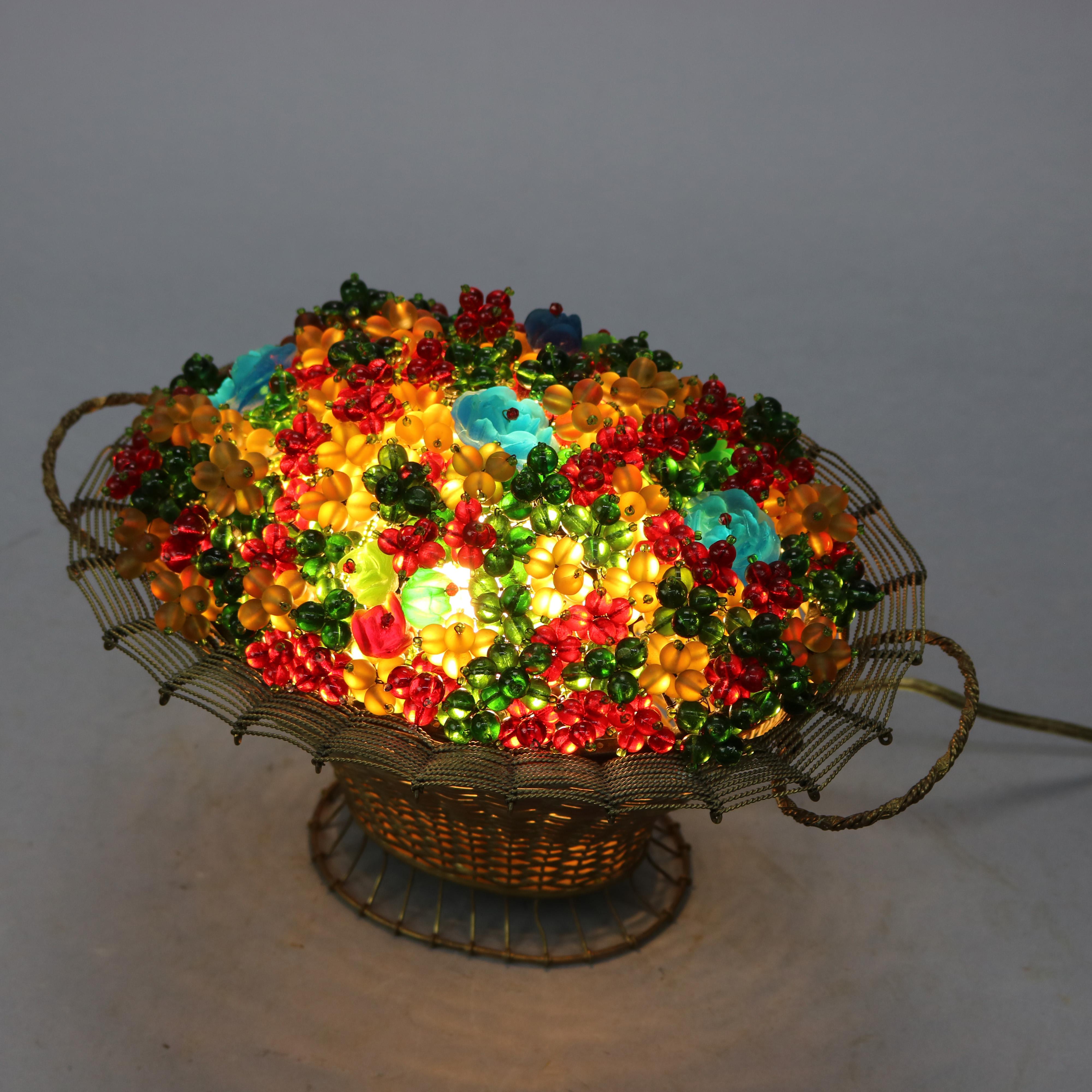 Antique Czech Art Glass & Brass Panier de Fleurs Flower Basket Table Lamp, c1920 1