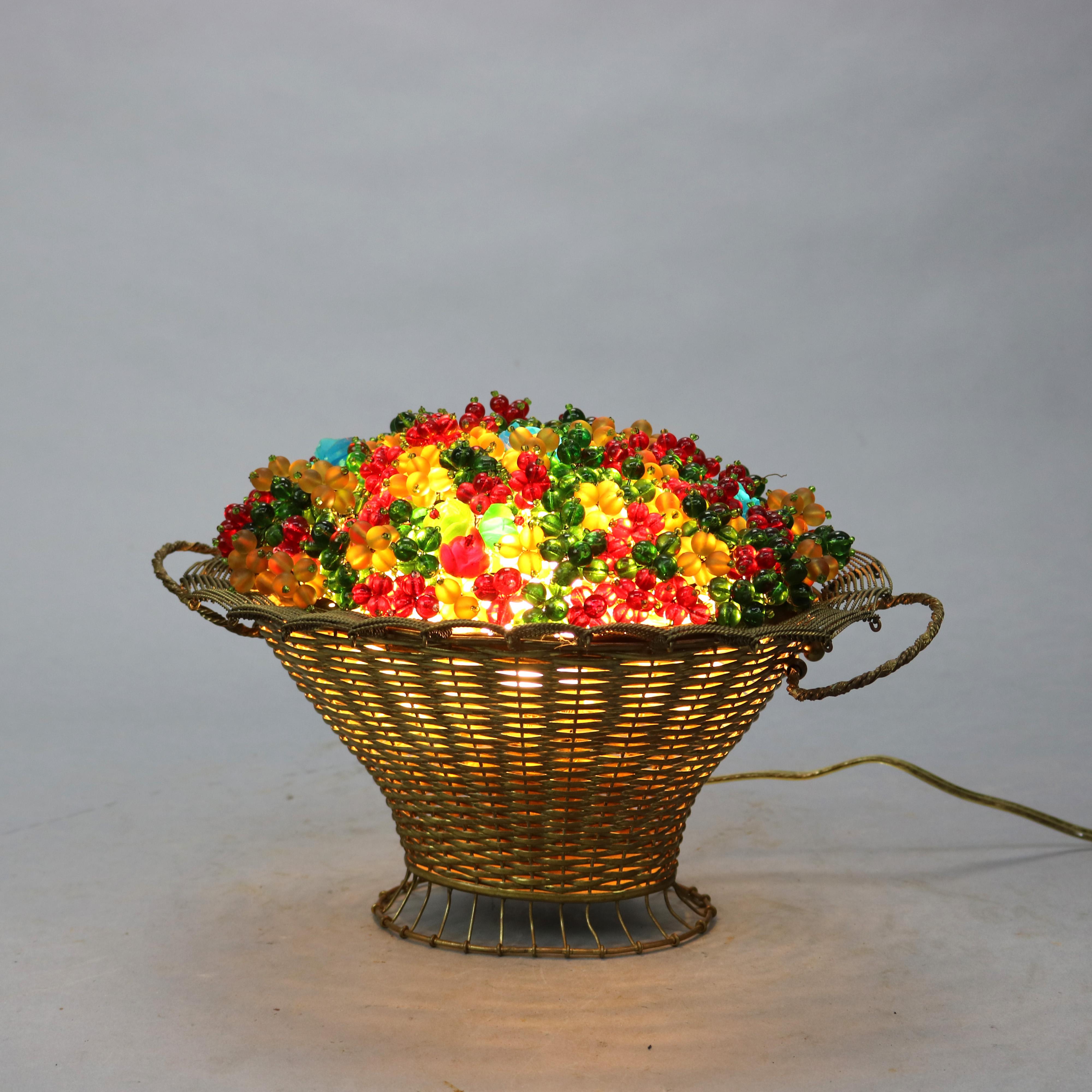 Antique Czech Art Glass & Brass Panier de Fleurs Flower Basket Table Lamp, c1920 3